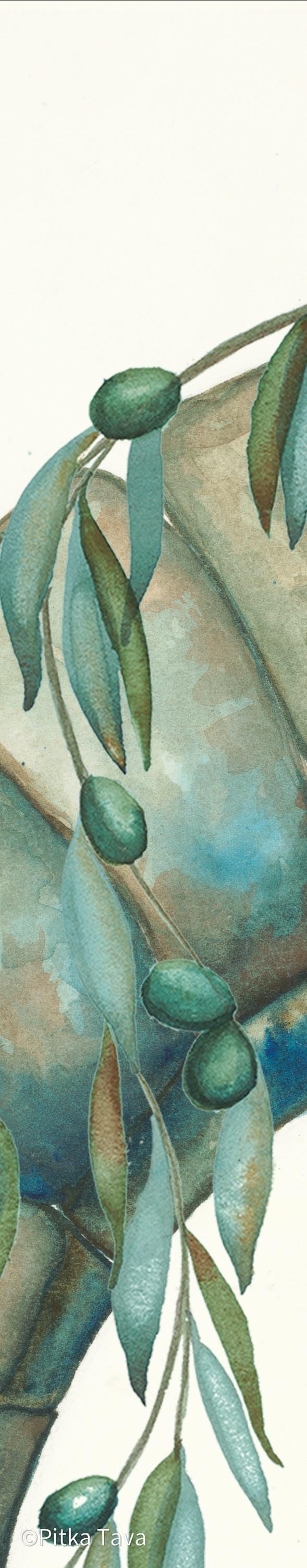 Jewish hebrew and english blessing for home "Magen David in Jerusalem" . Handmade watercolor painting of a stone Jerusalem gate with a blue magen David on the top and olive tree leaves and green olives around the gate. Option of hebrew and english text or hebrew text only longer the the double translate. Made in Israel by jewish artist family from the Gush Etzion. Unique piece of jewish art from Israel. Judaica birkat habaitone of a kind handmade and printed from original artwork.