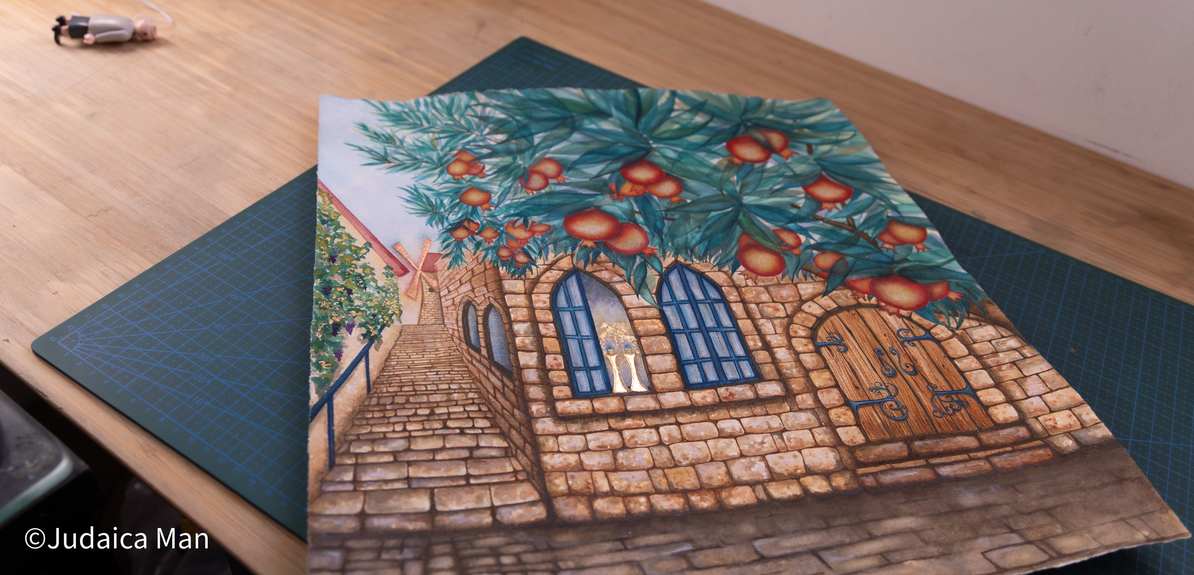 "Jerusalem of Gold" watercolor painting with 24K Gold and Copper