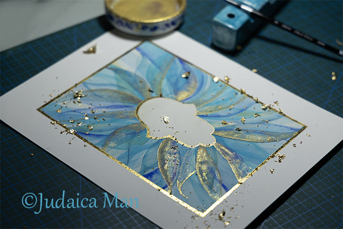 Hamsa watercolor blue and Gold handmade painting protection for Jewish home