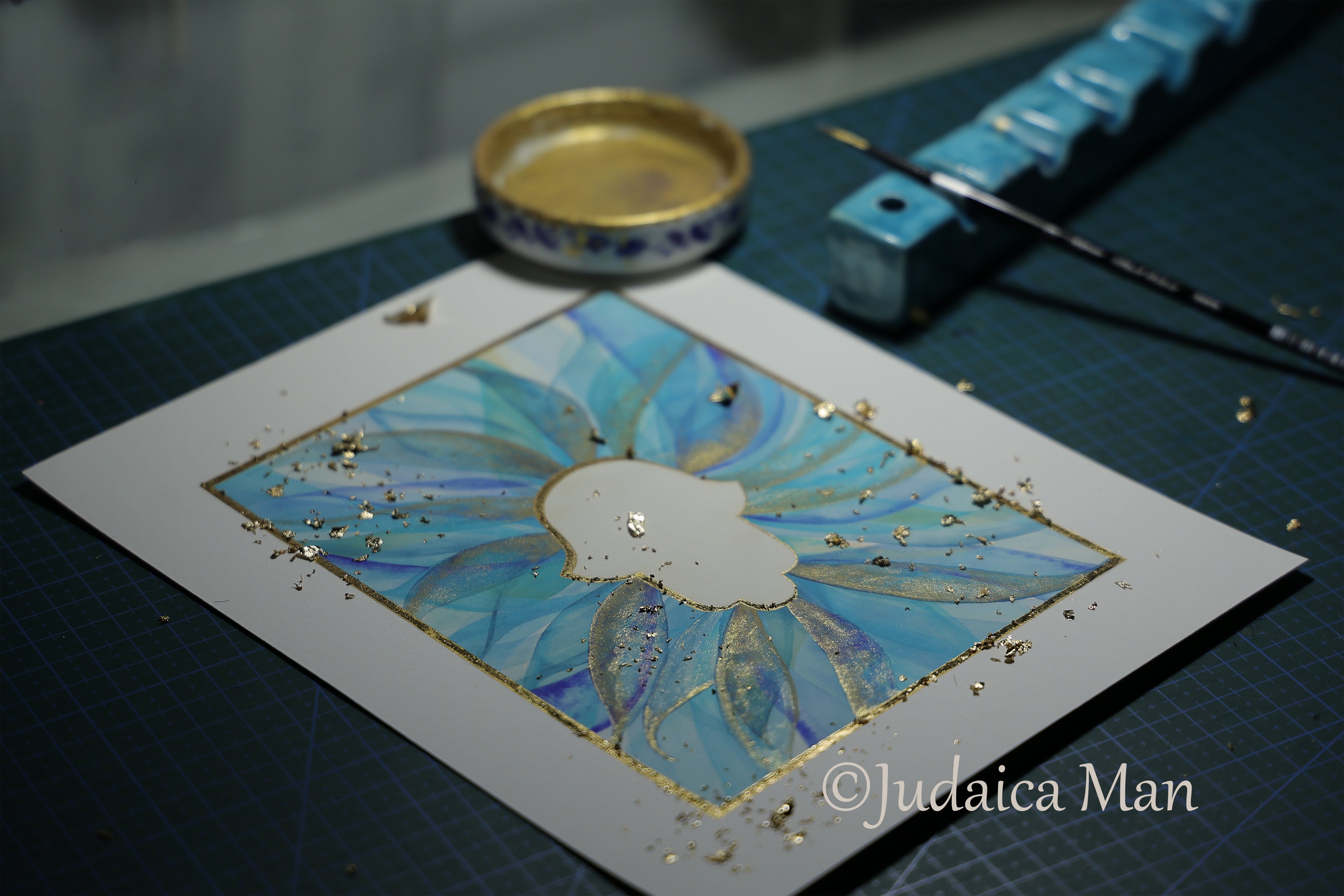 Hamsa watercolor blue and Gold handmade painting protection for Jewish home