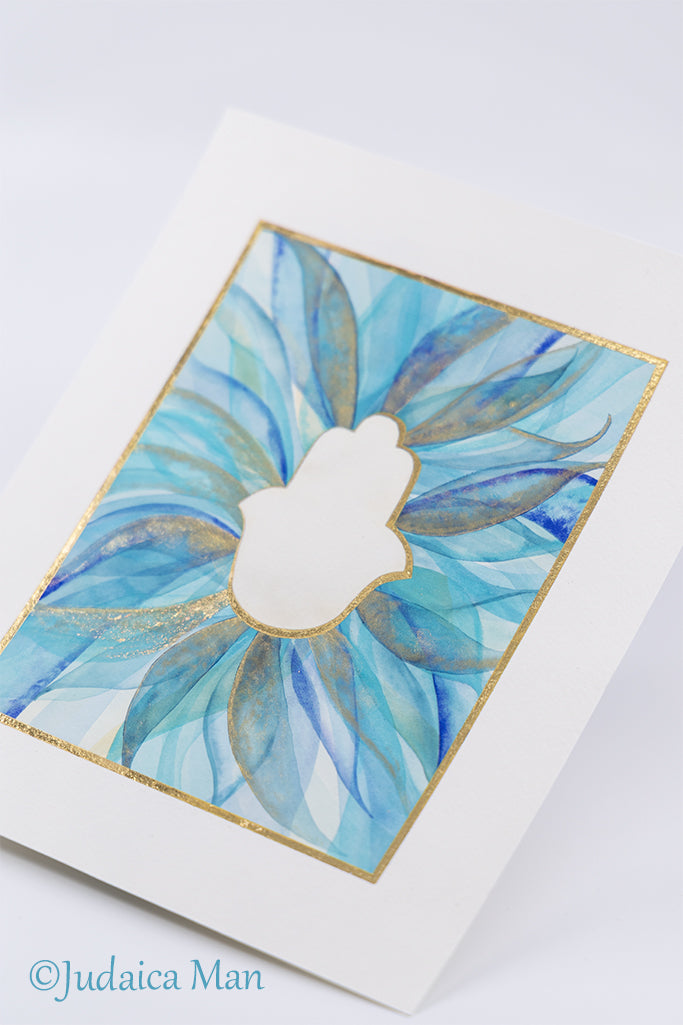 Hamsa watercolor blue and Gold handmade painting protection for Jewish home