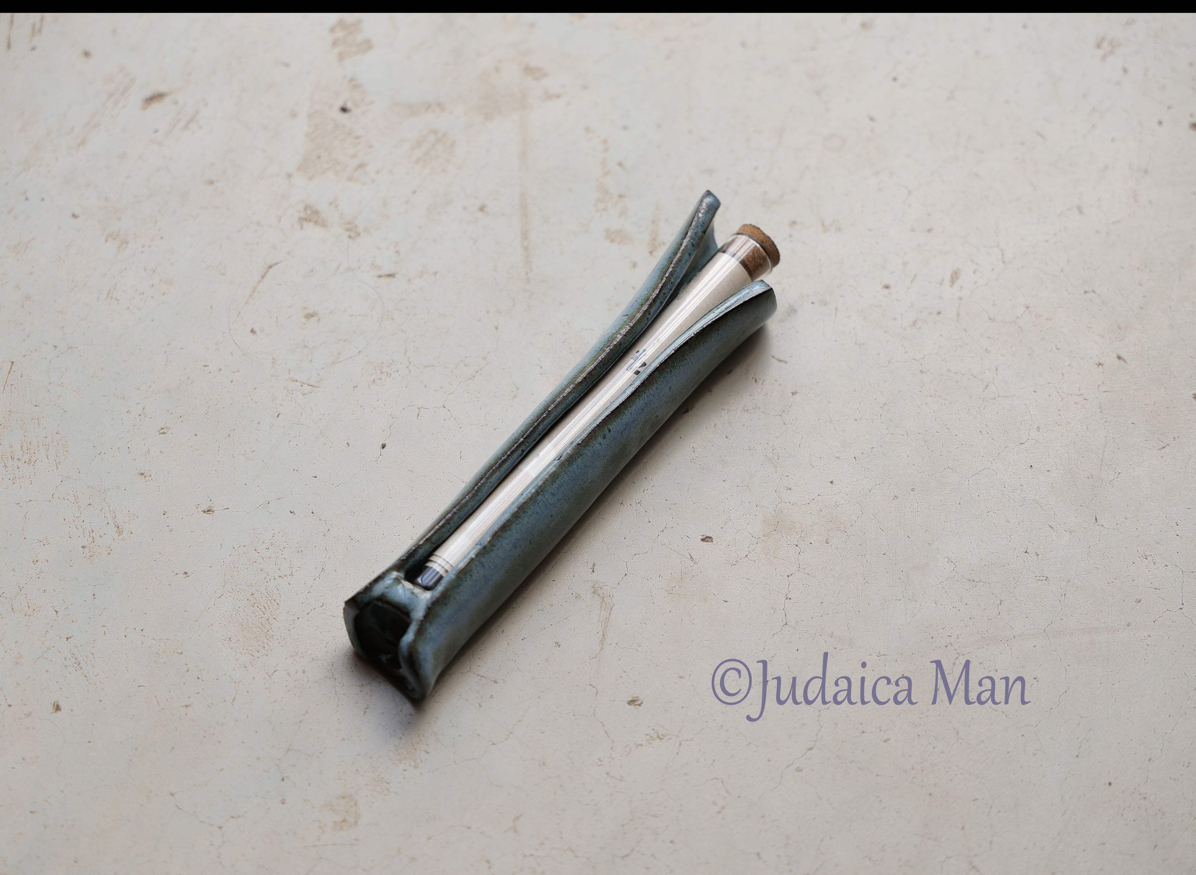 Ceramic mezuzah case with glass tube blue color