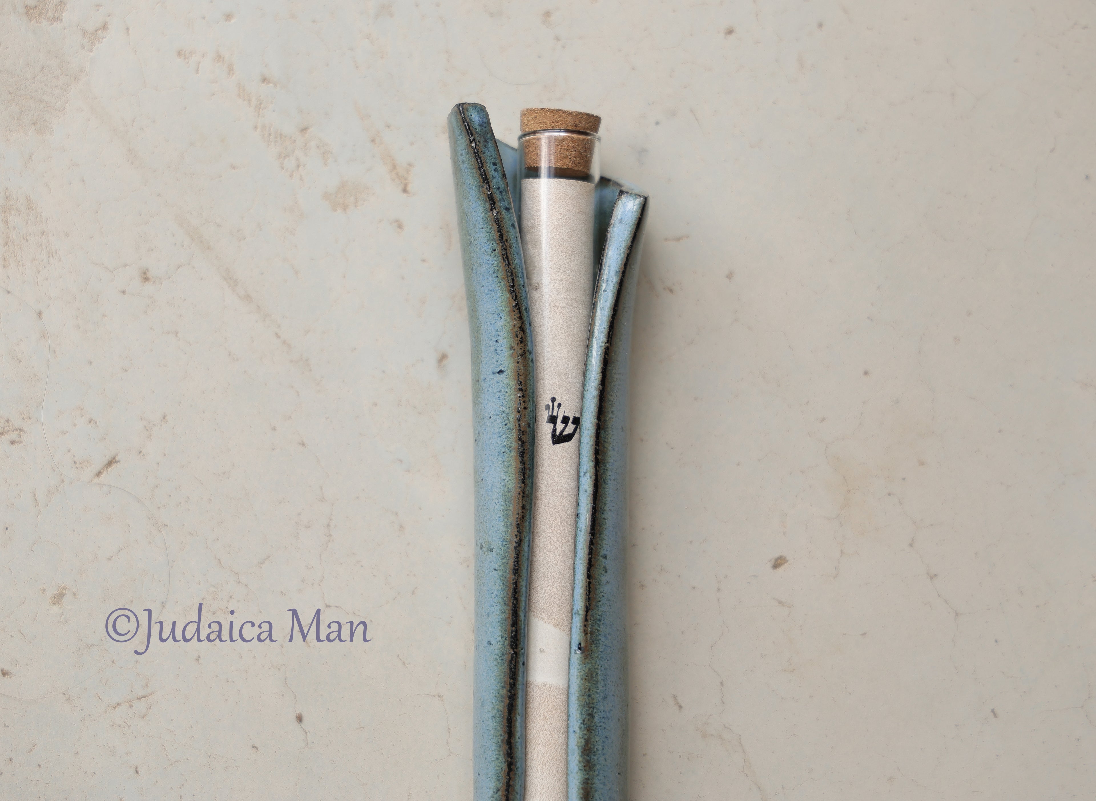 Ceramic mezuzah case with glass tube blue color