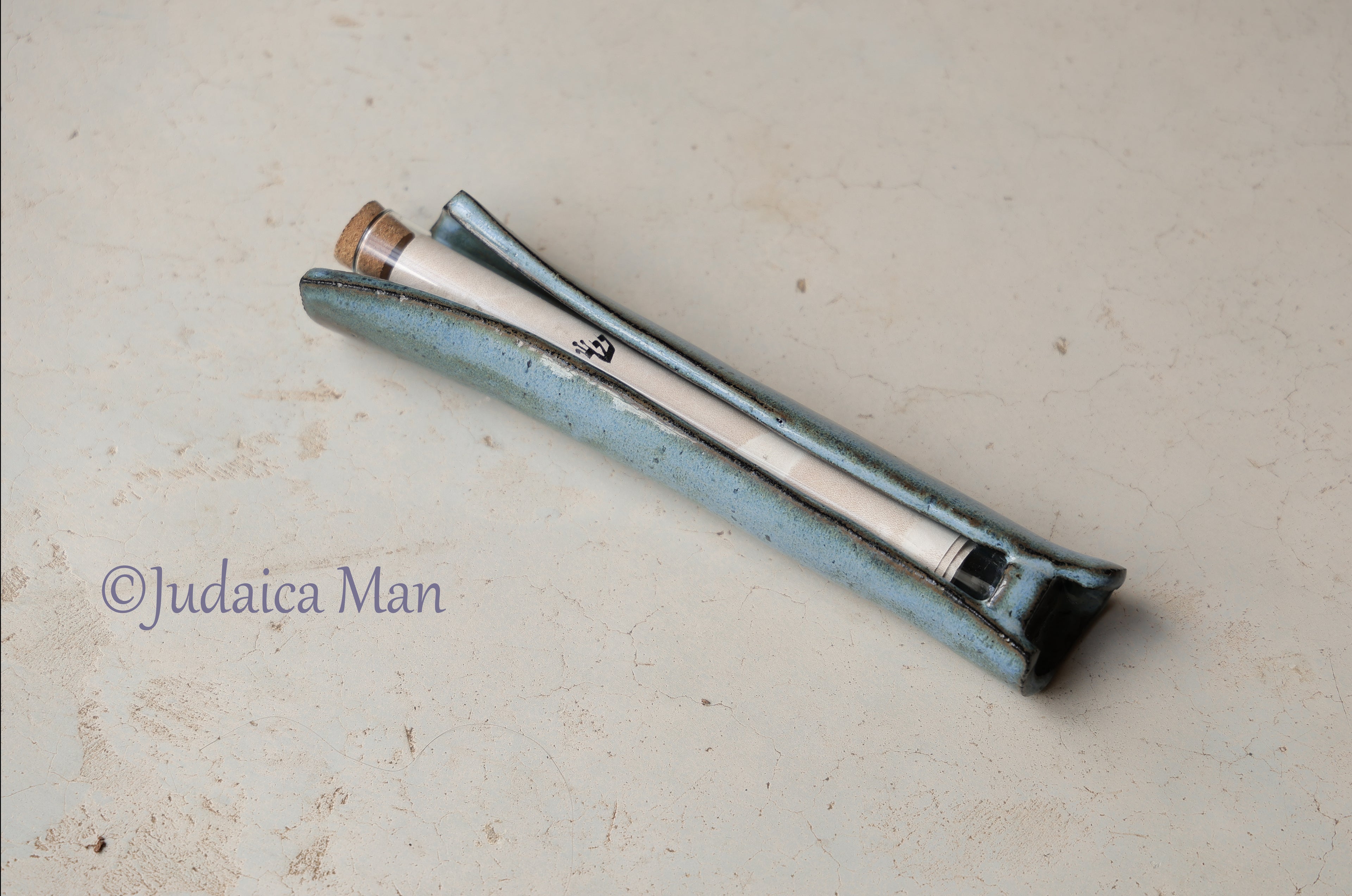 Ceramic mezuzah case with glass tube blue color