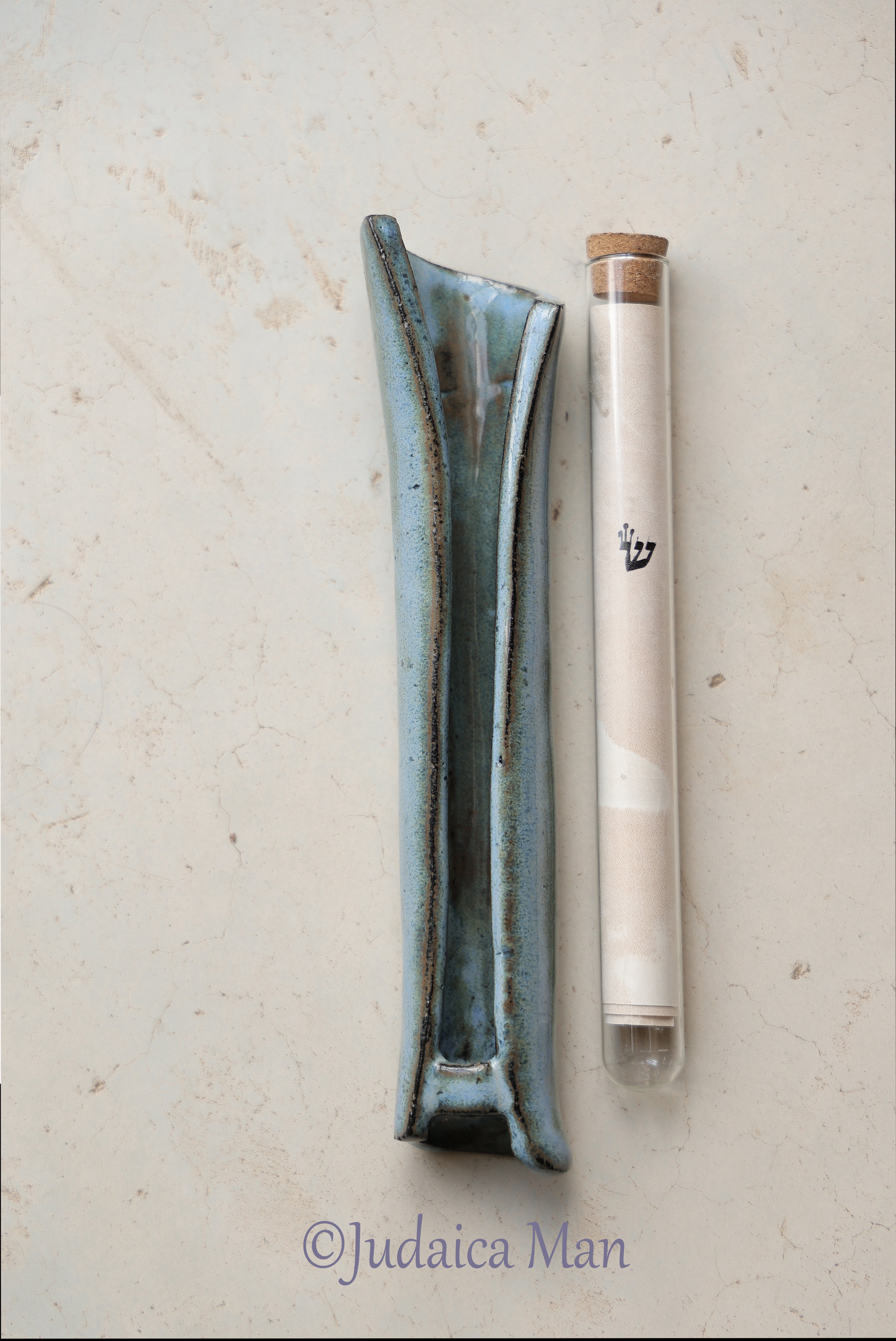 Ceramic mezuzah case with glass tube blue color
