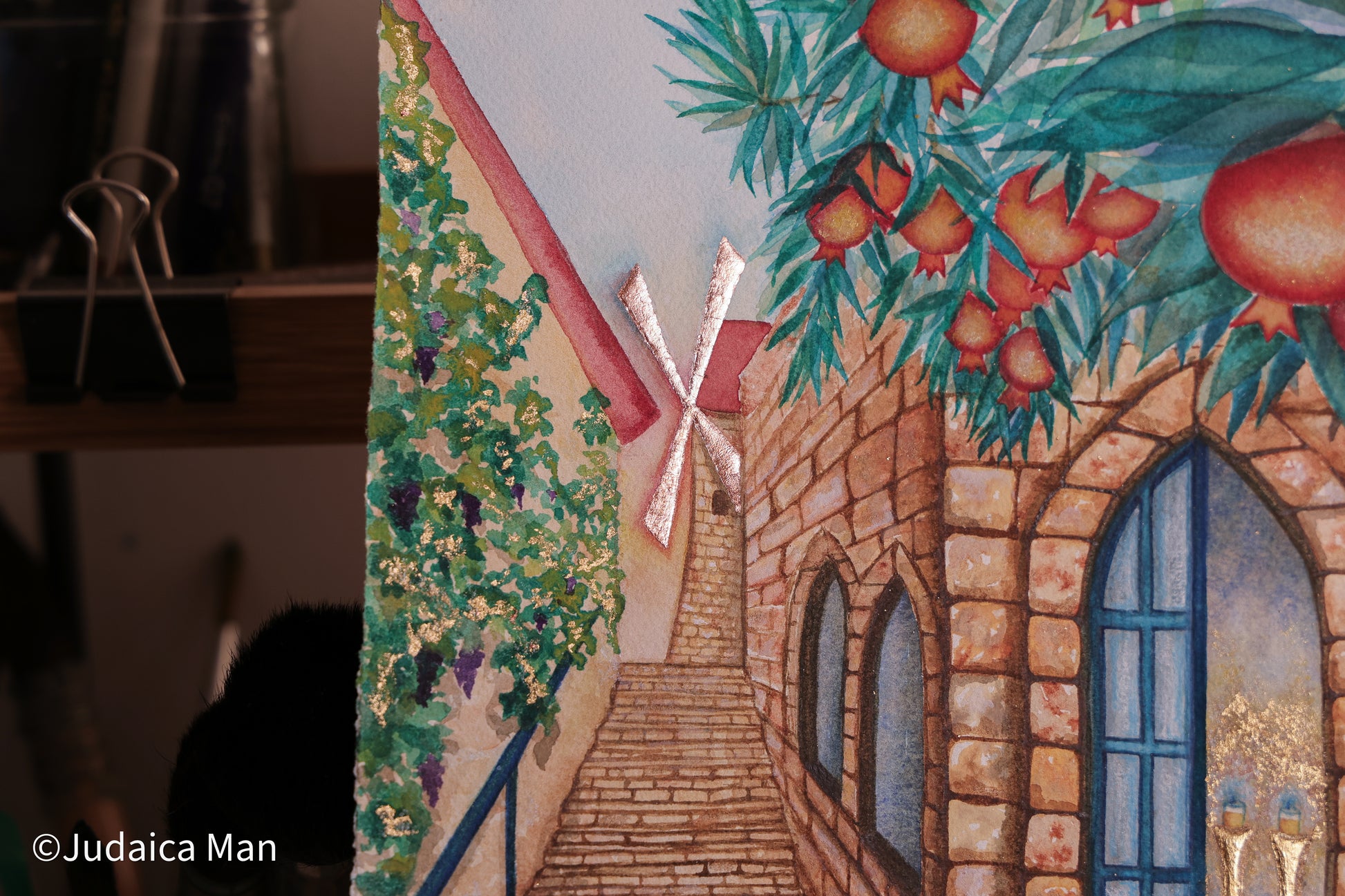 "Jerusalem of Gold" watercolor painting with 24K Gold and Copper