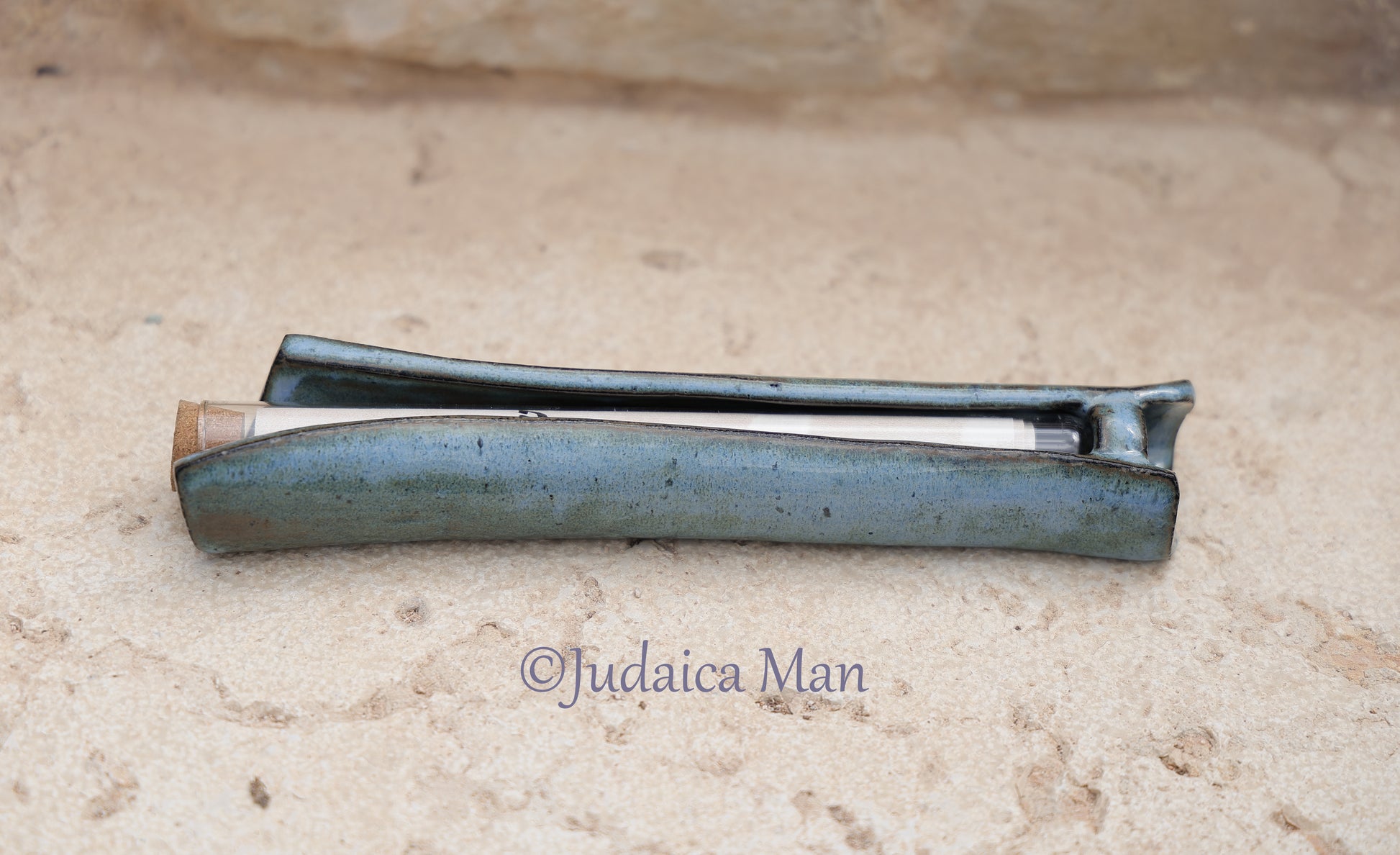 Ceramic mezuzah case with glass tube blue color