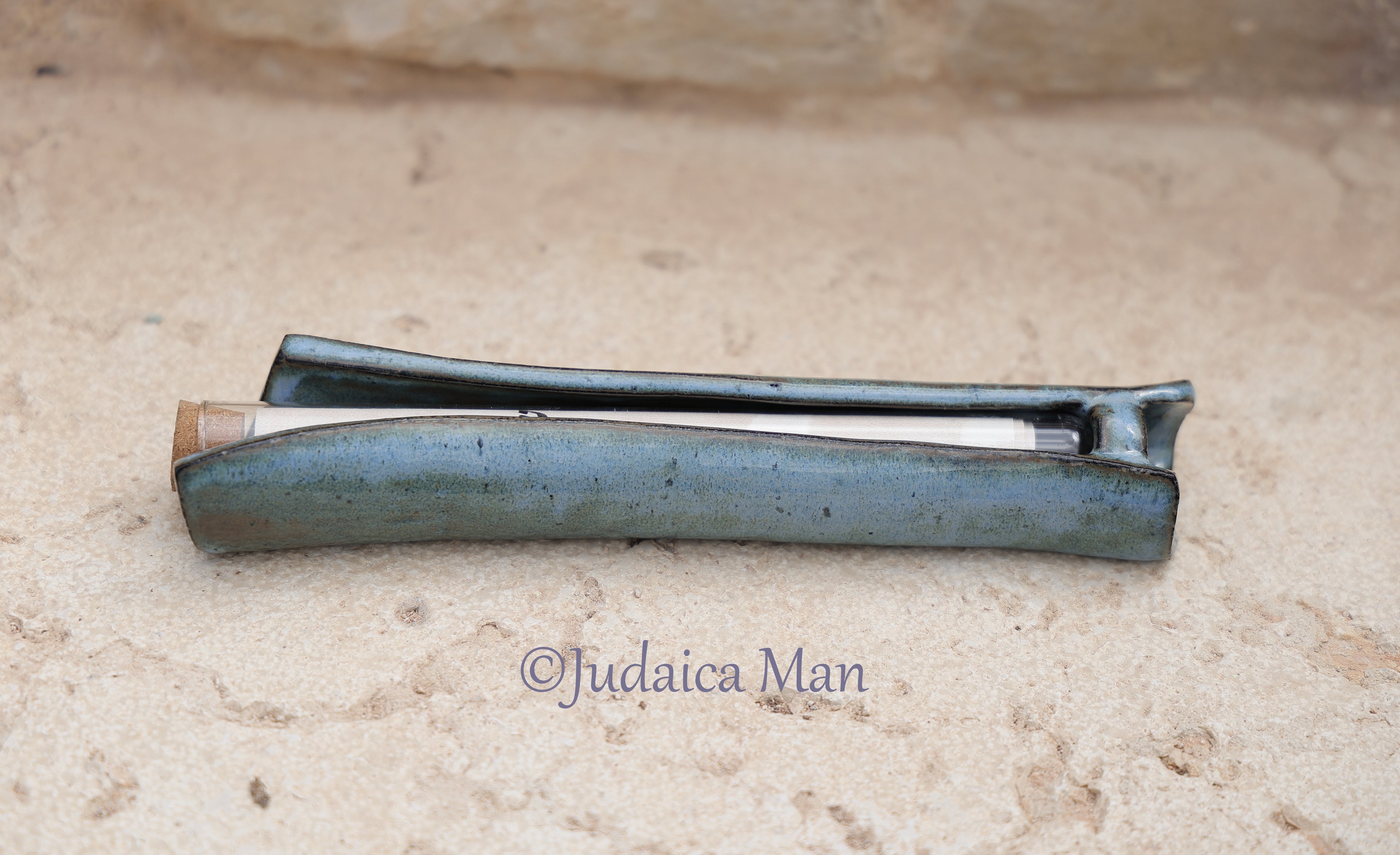 Ceramic mezuzah case with glass tube blue color