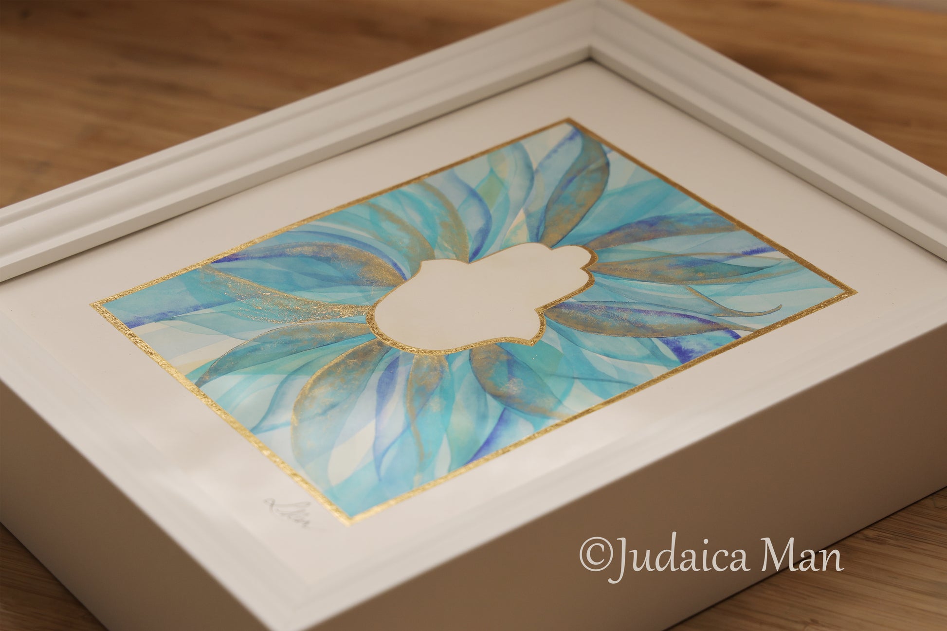 Hamsa watercolor blue and Gold handmade painting protection for Jewish home