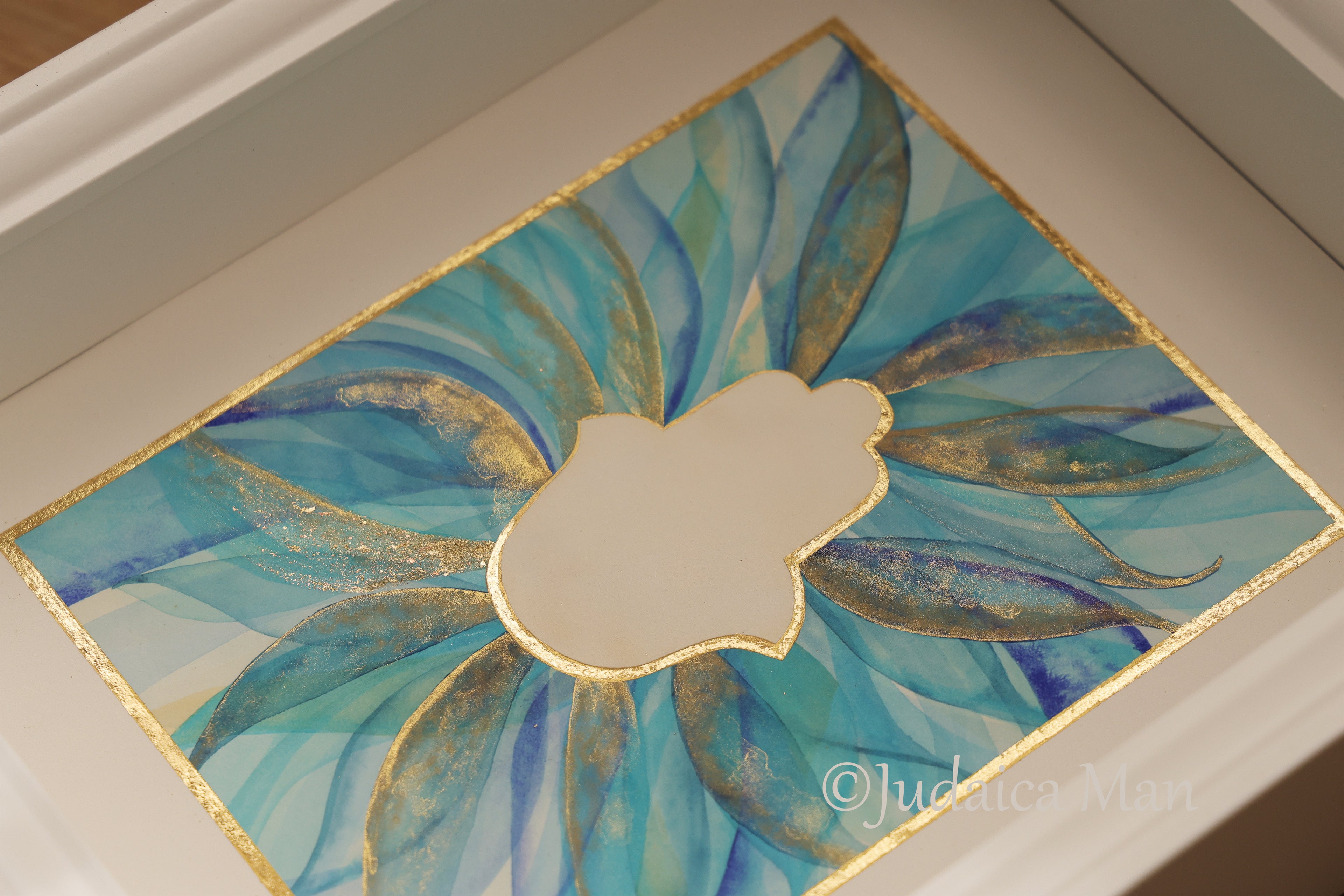 Hamsa watercolor blue and Gold handmade painting protection for Jewish home