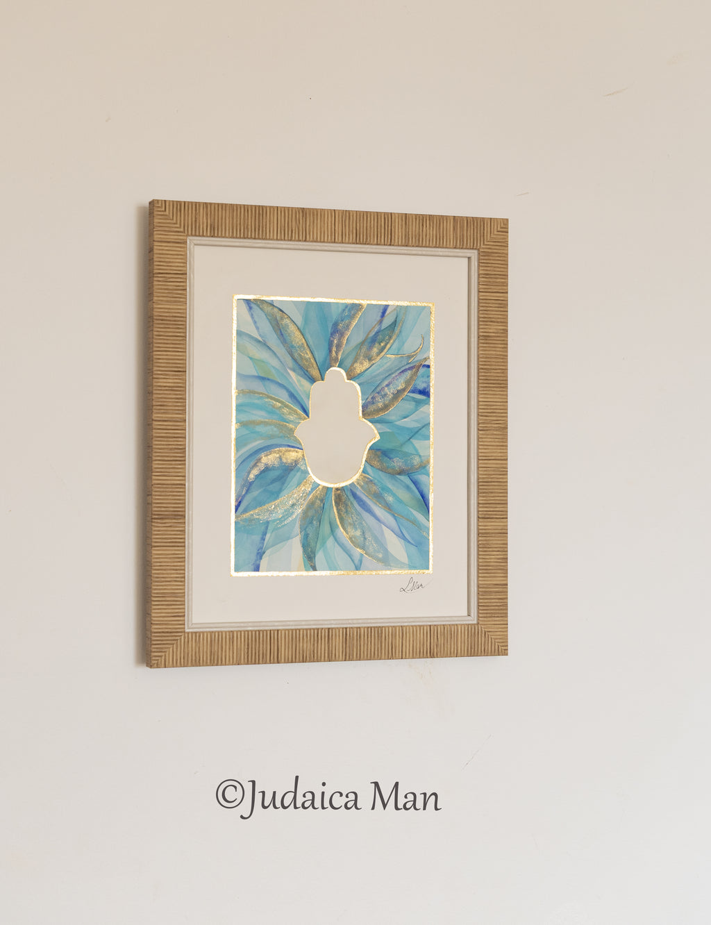Hamsa watercolor blue and Gold handmade painting protection for Jewish home