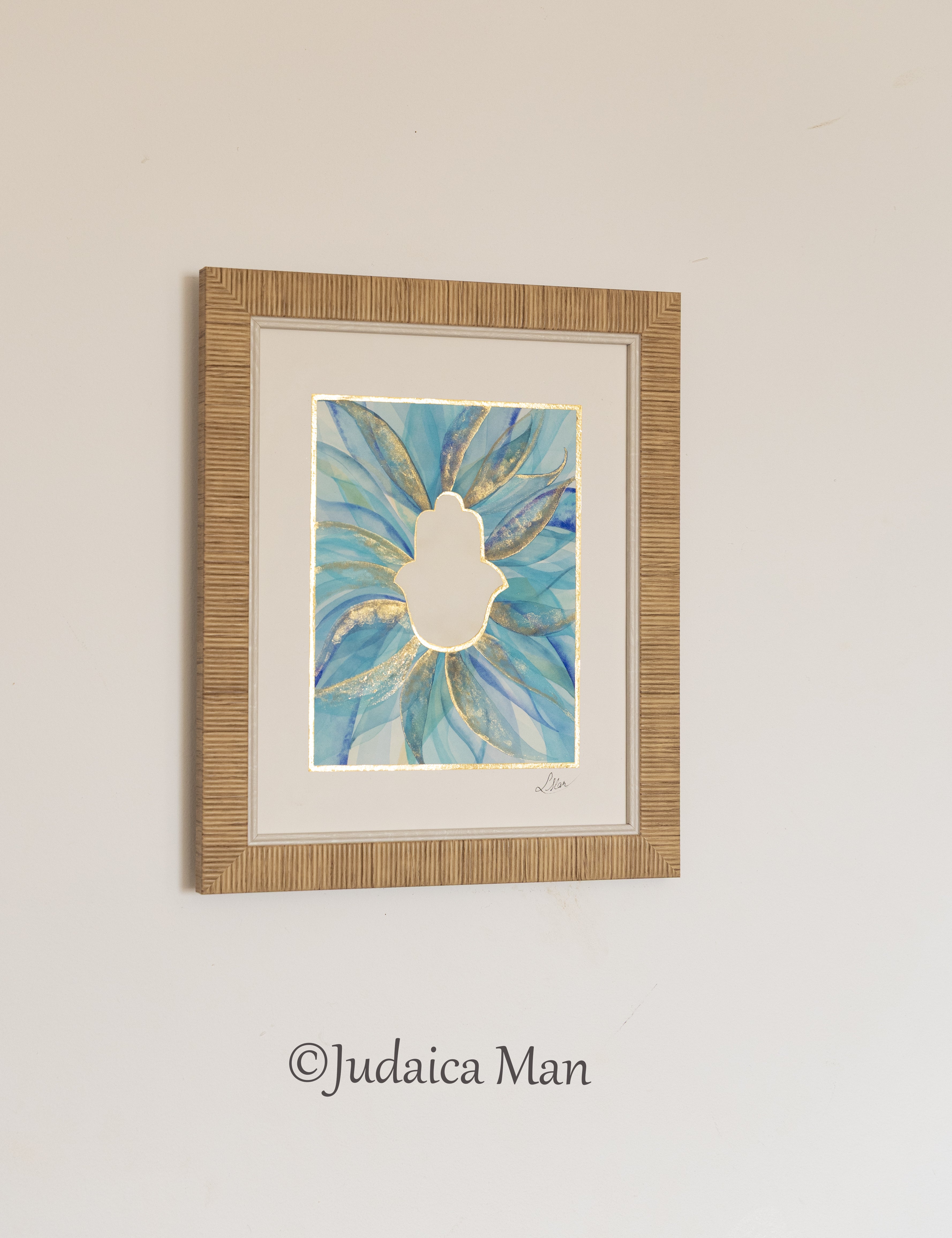 Hamsa watercolor blue and Gold handmade painting protection for Jewish home