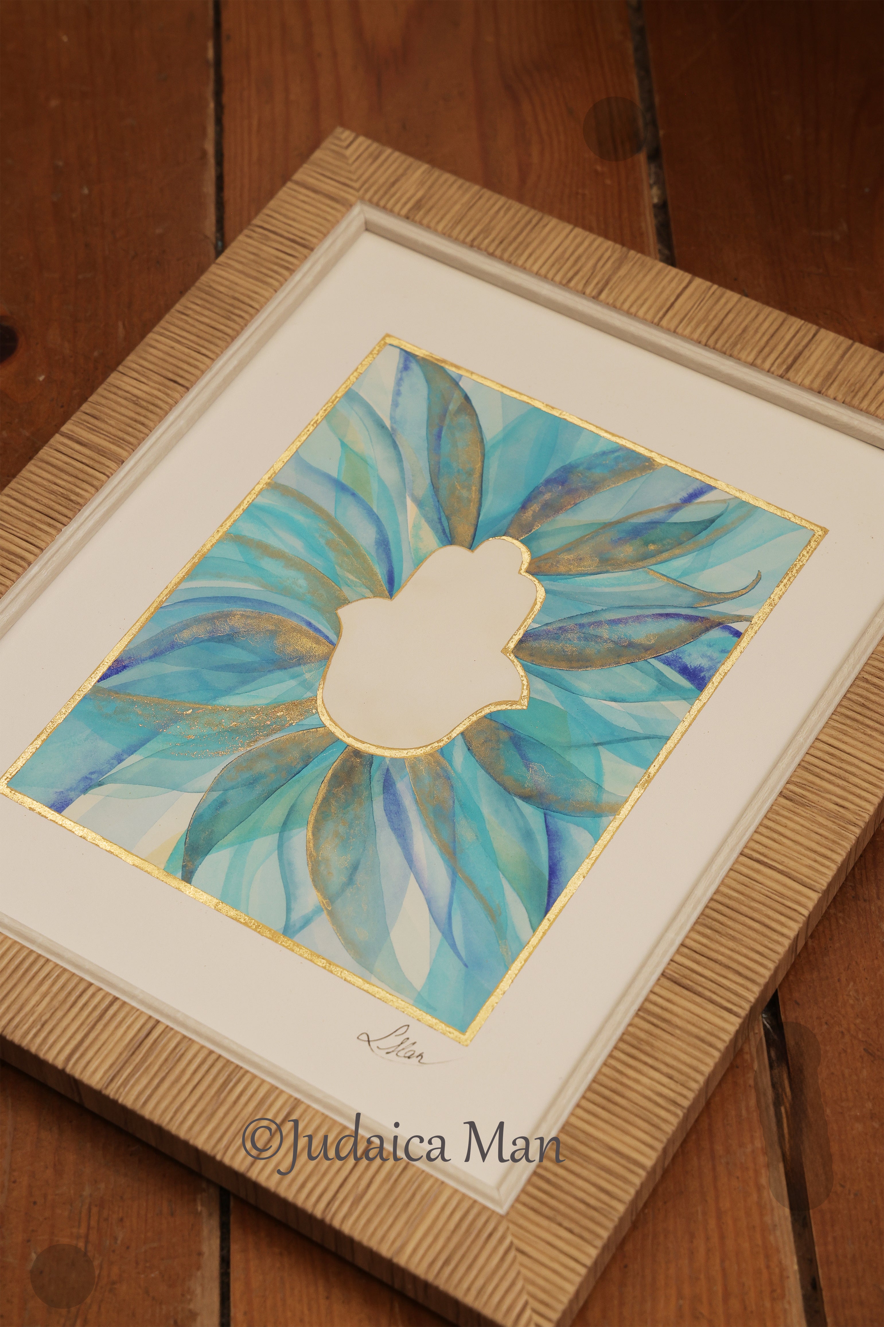 Hamsa watercolor blue and Gold handmade painting protection for Jewish home