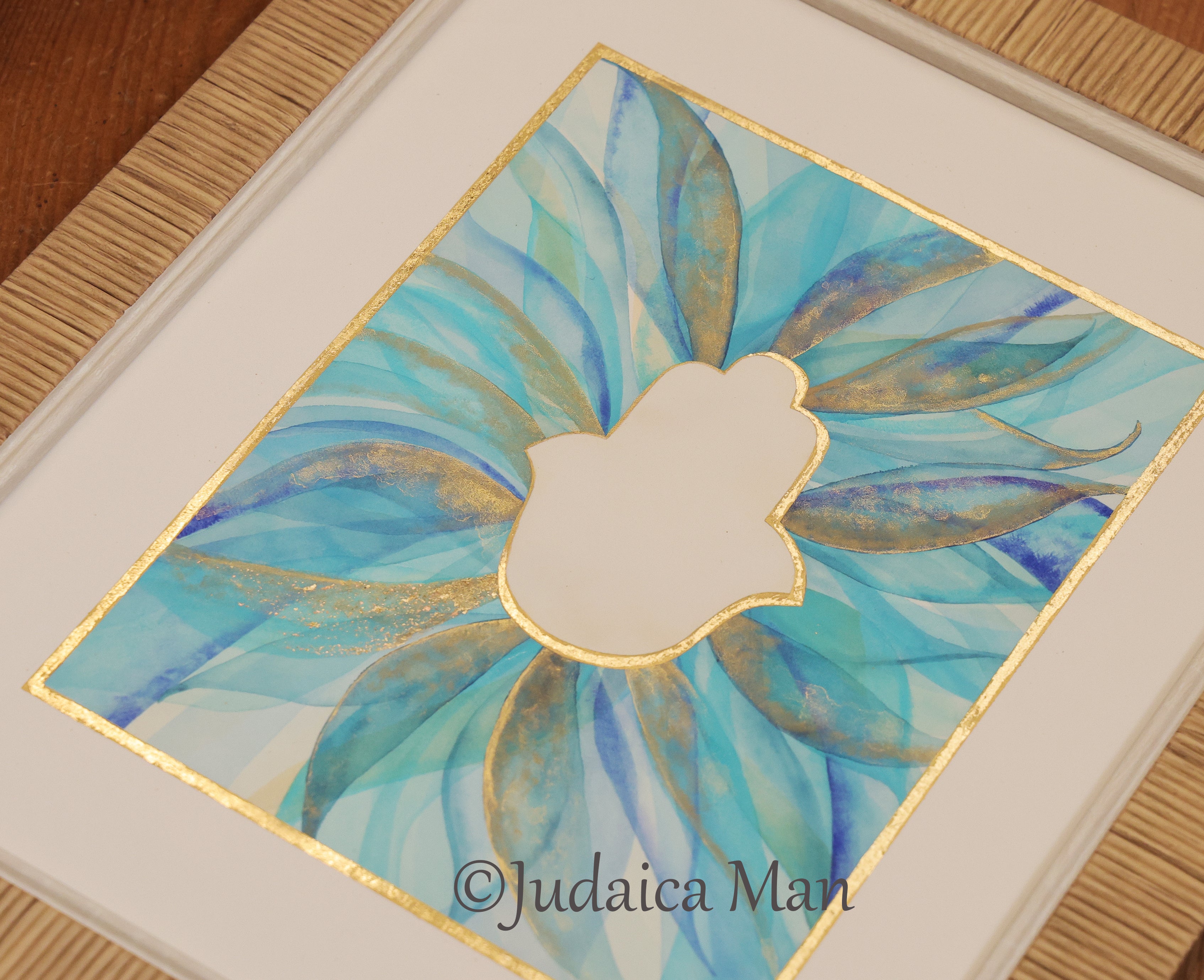 Hamsa watercolor blue and Gold handmade painting protection for Jewish home