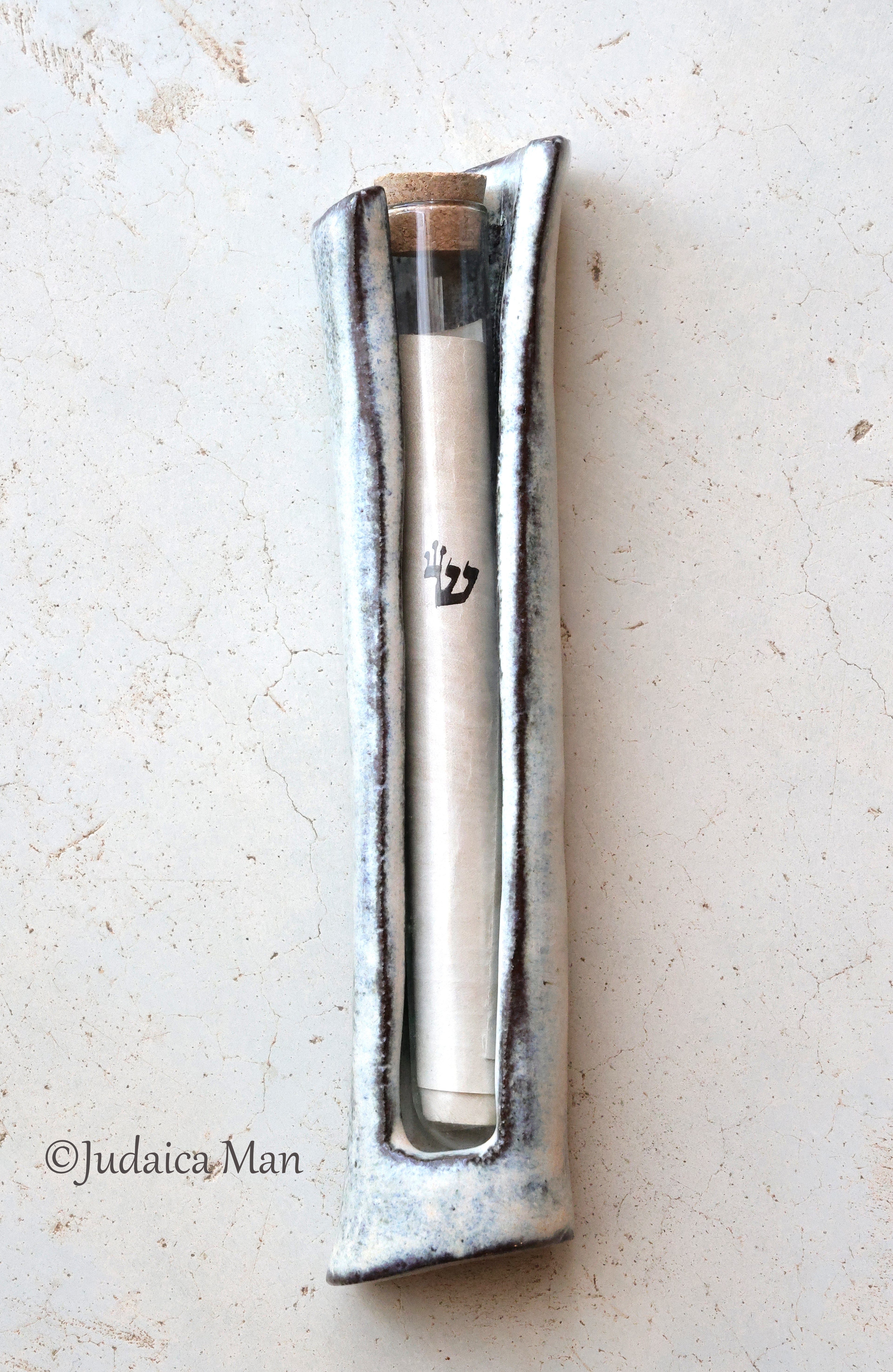 Ceramic mezuzah case with glass tube cream color