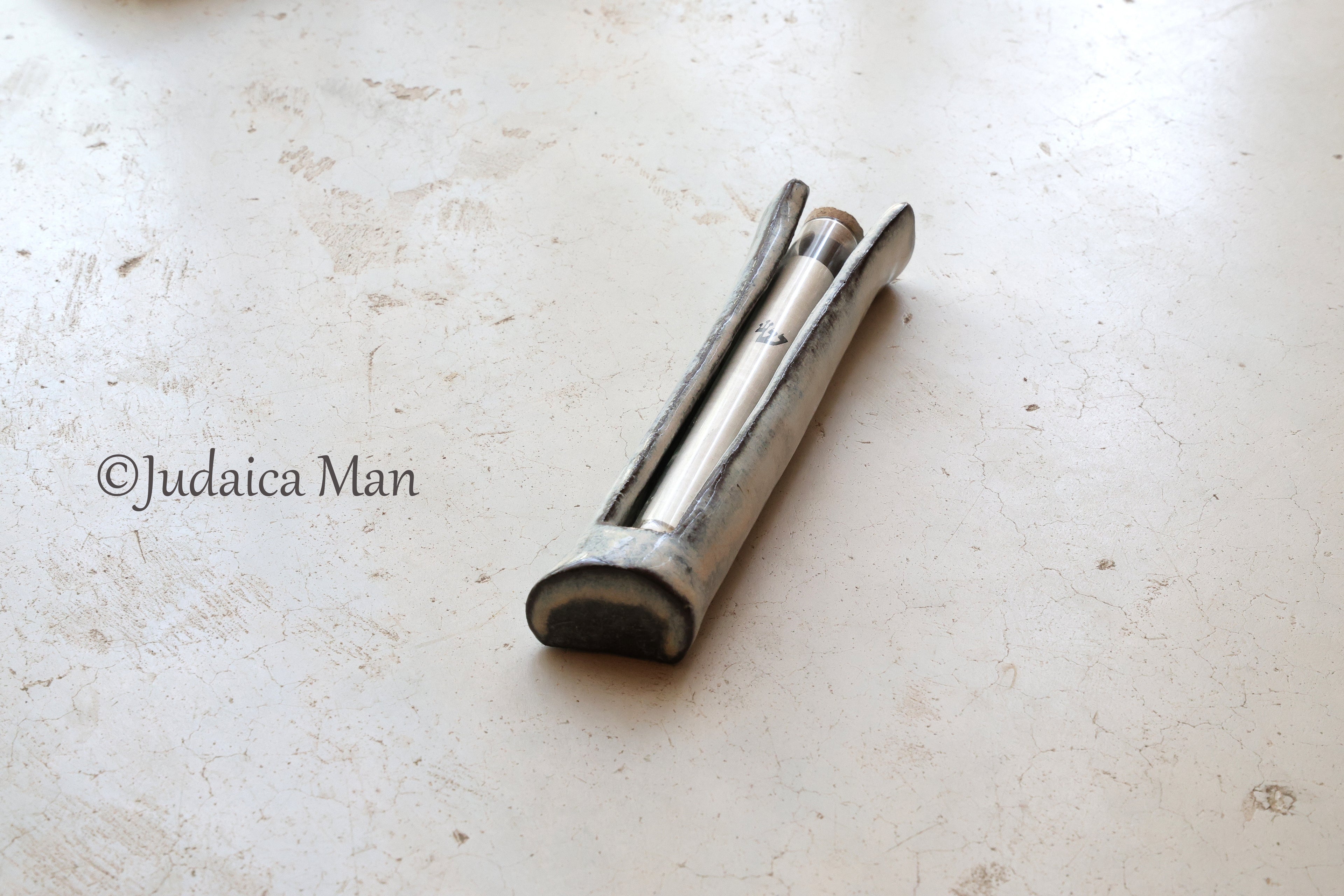 Ceramic mezuzah case with glass tube cream color