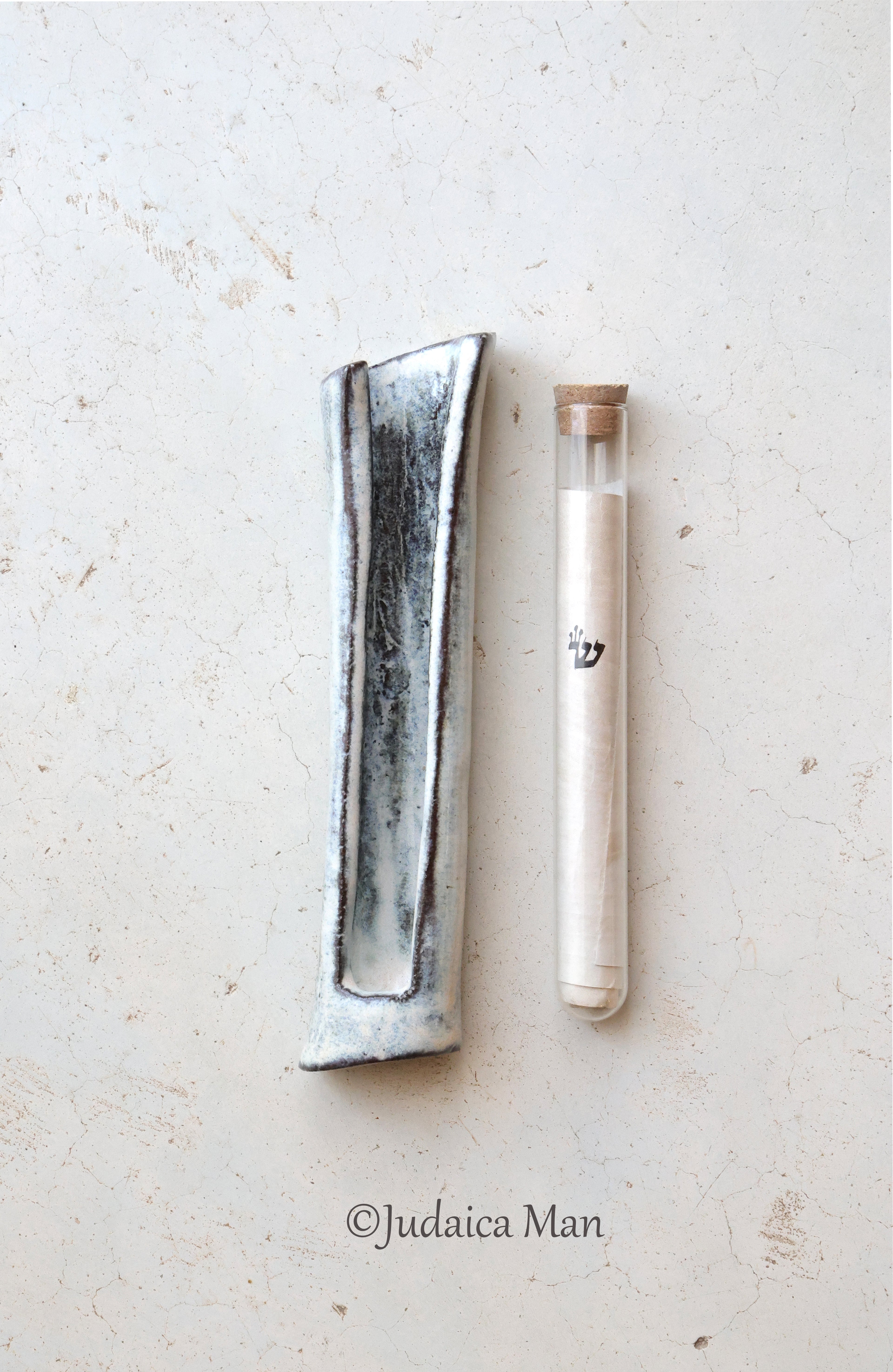 Ceramic mezuzah case with glass tube cream color