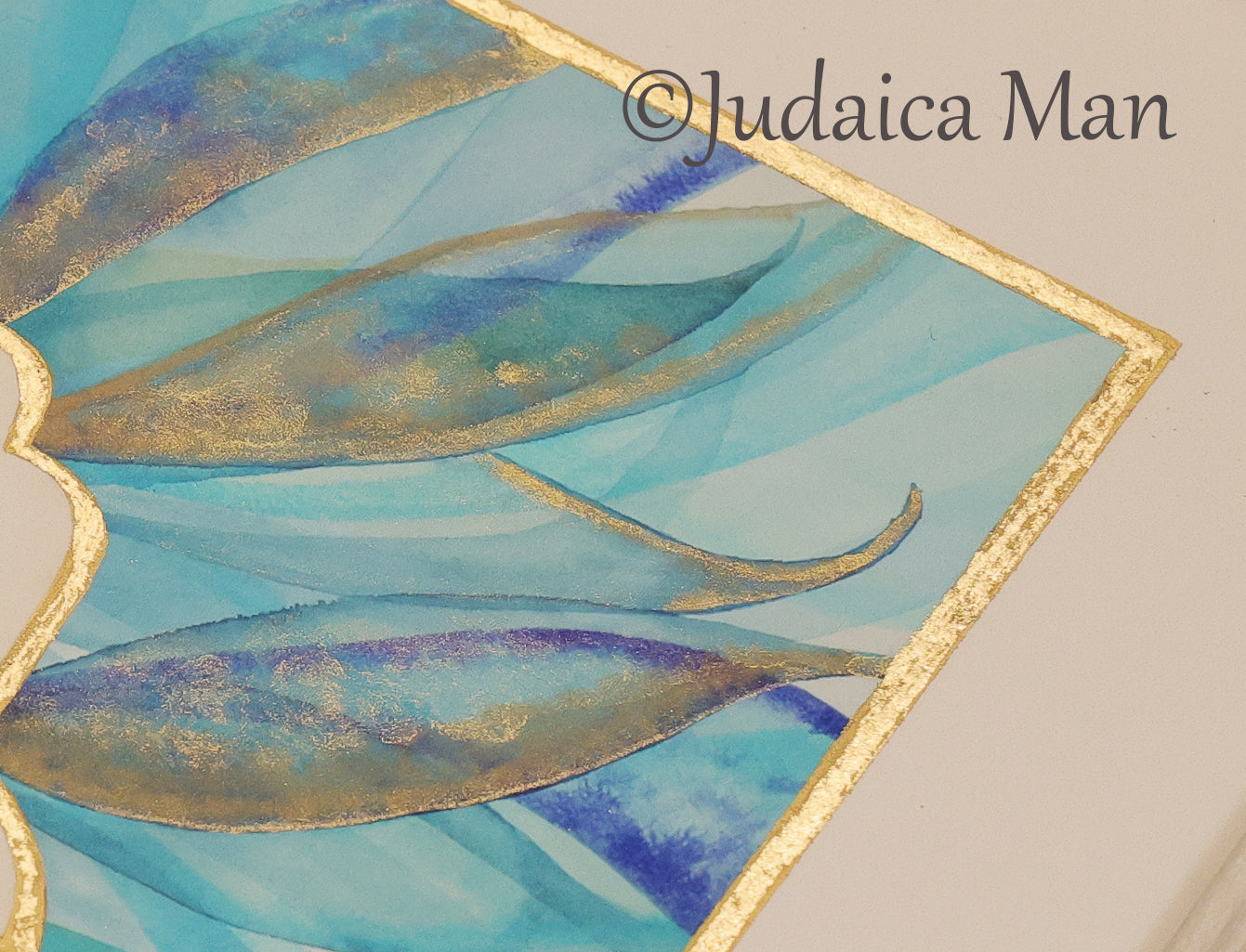 Hamsa watercolor blue and Gold handmade painting protection for Jewish home