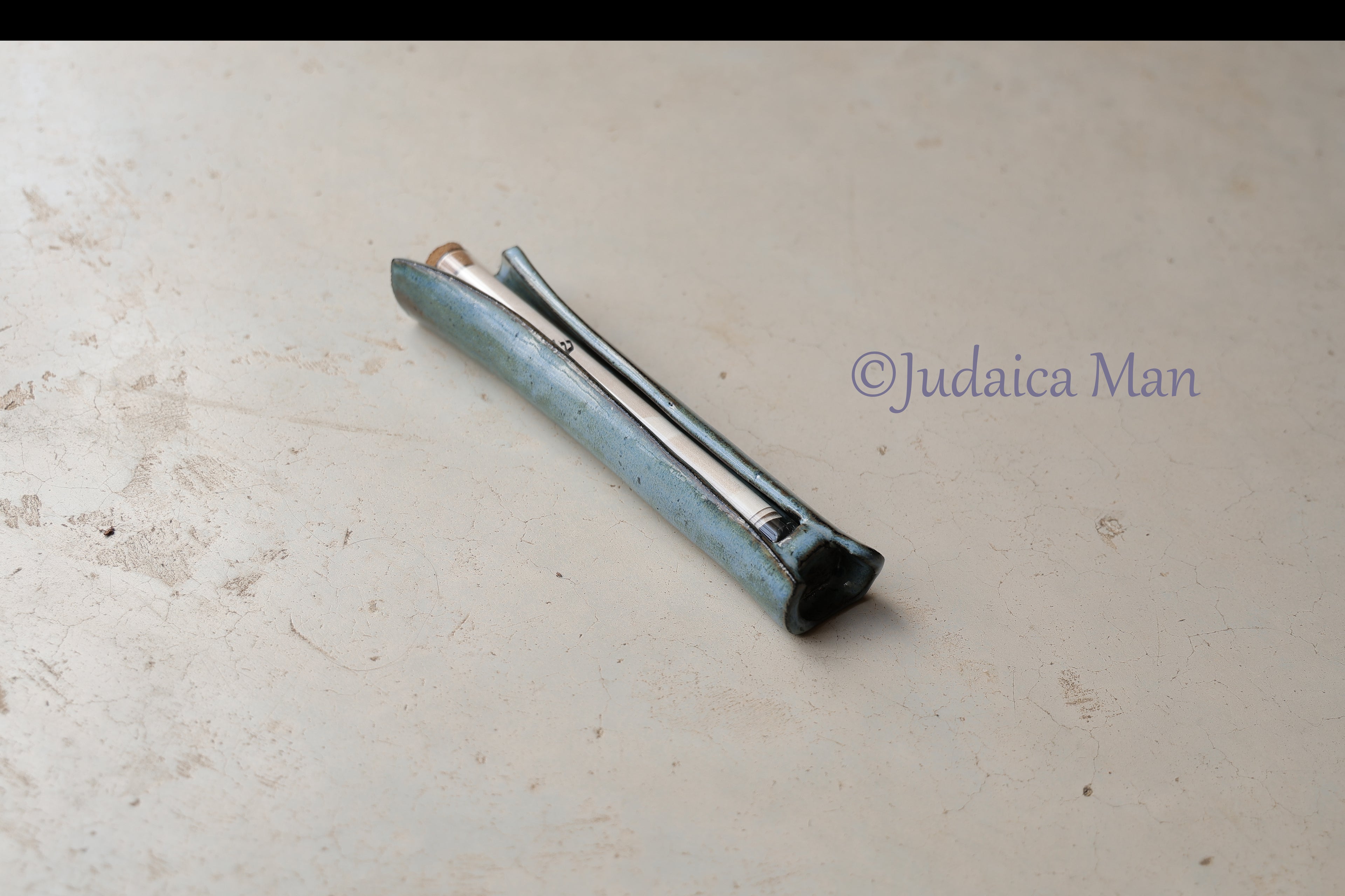 Ceramic mezuzah case with glass tube blue color