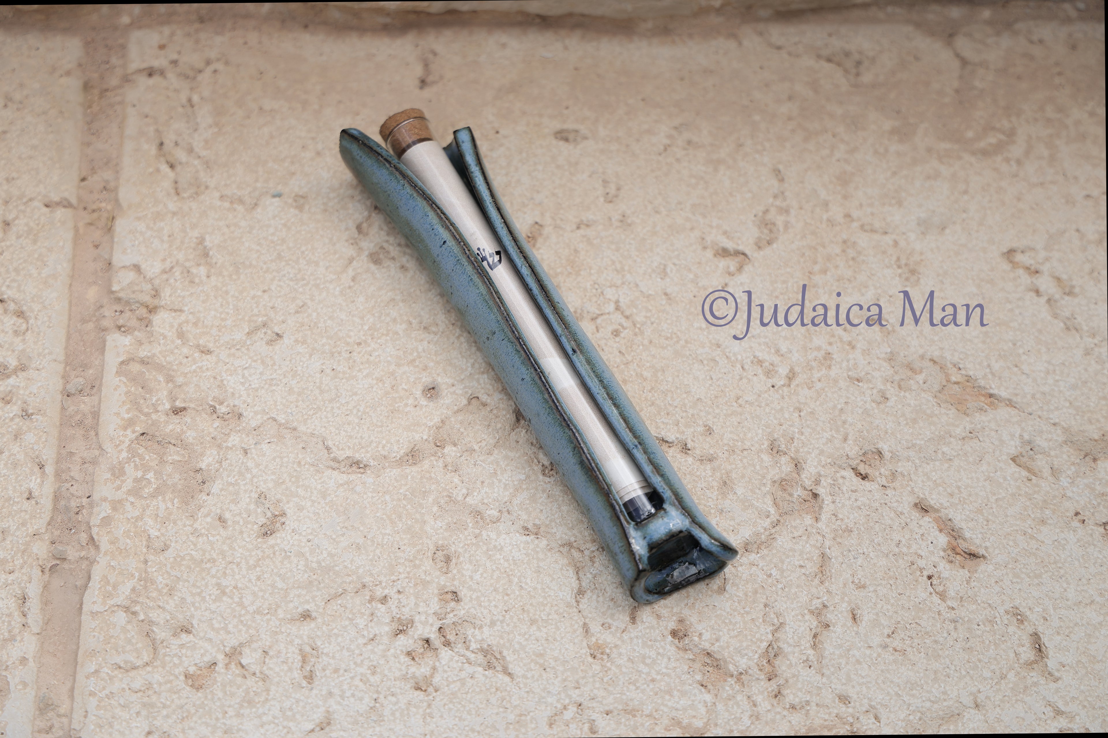 Ceramic mezuzah case with glass tube blue color