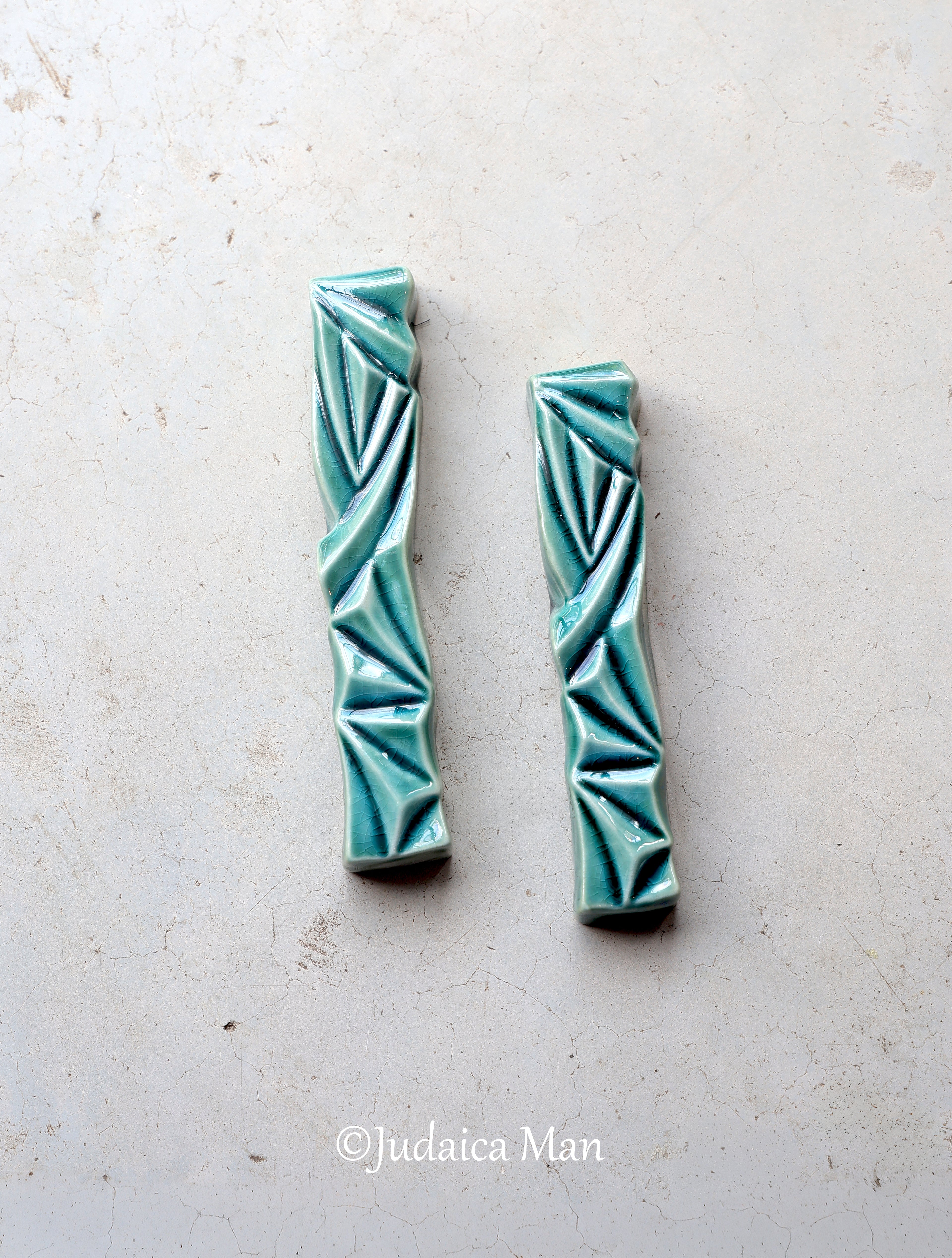 Ceramic mezuzah  "Diamond" Blue glass color