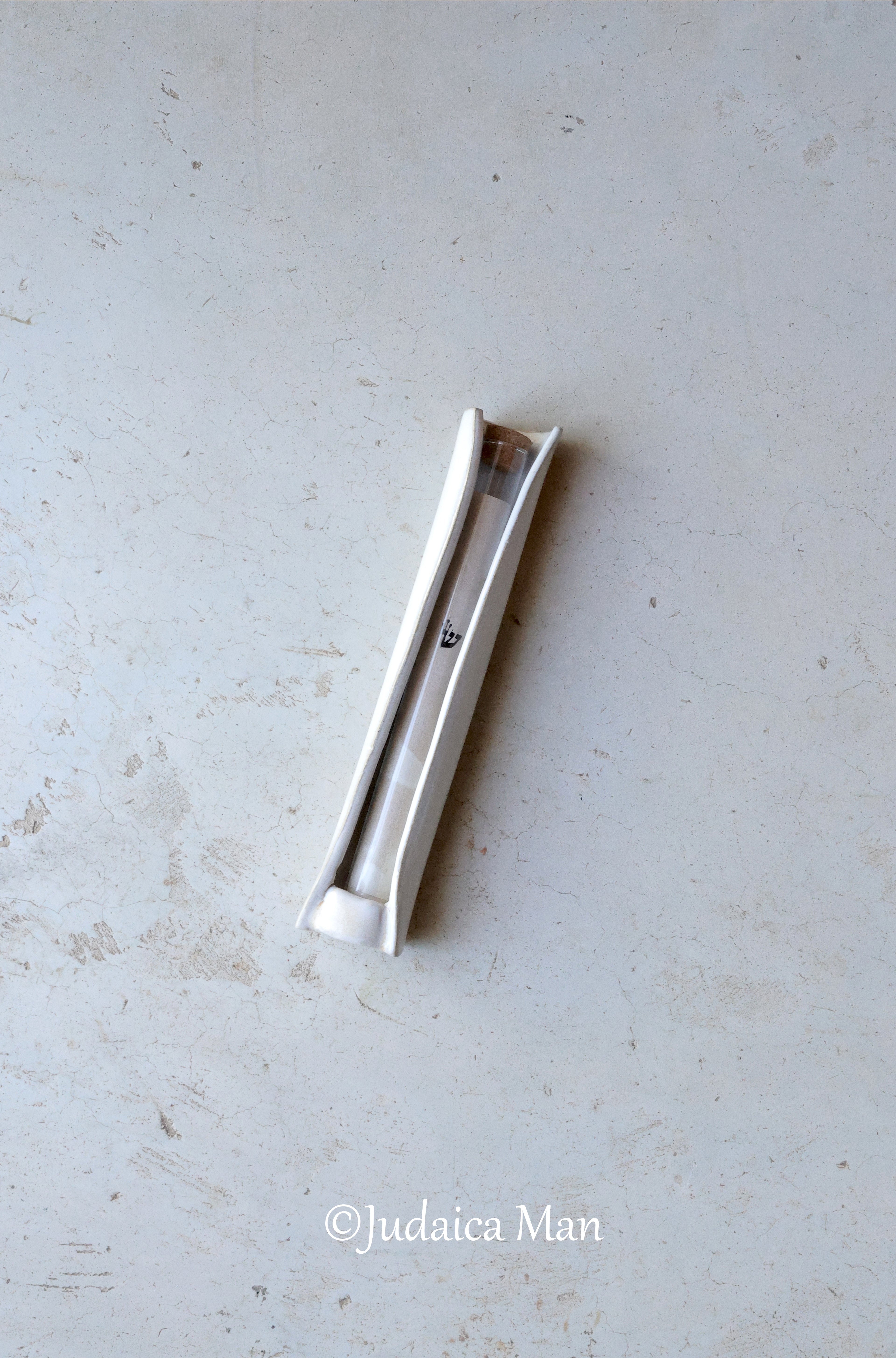Ceramic mezuzah case with glass tube white color