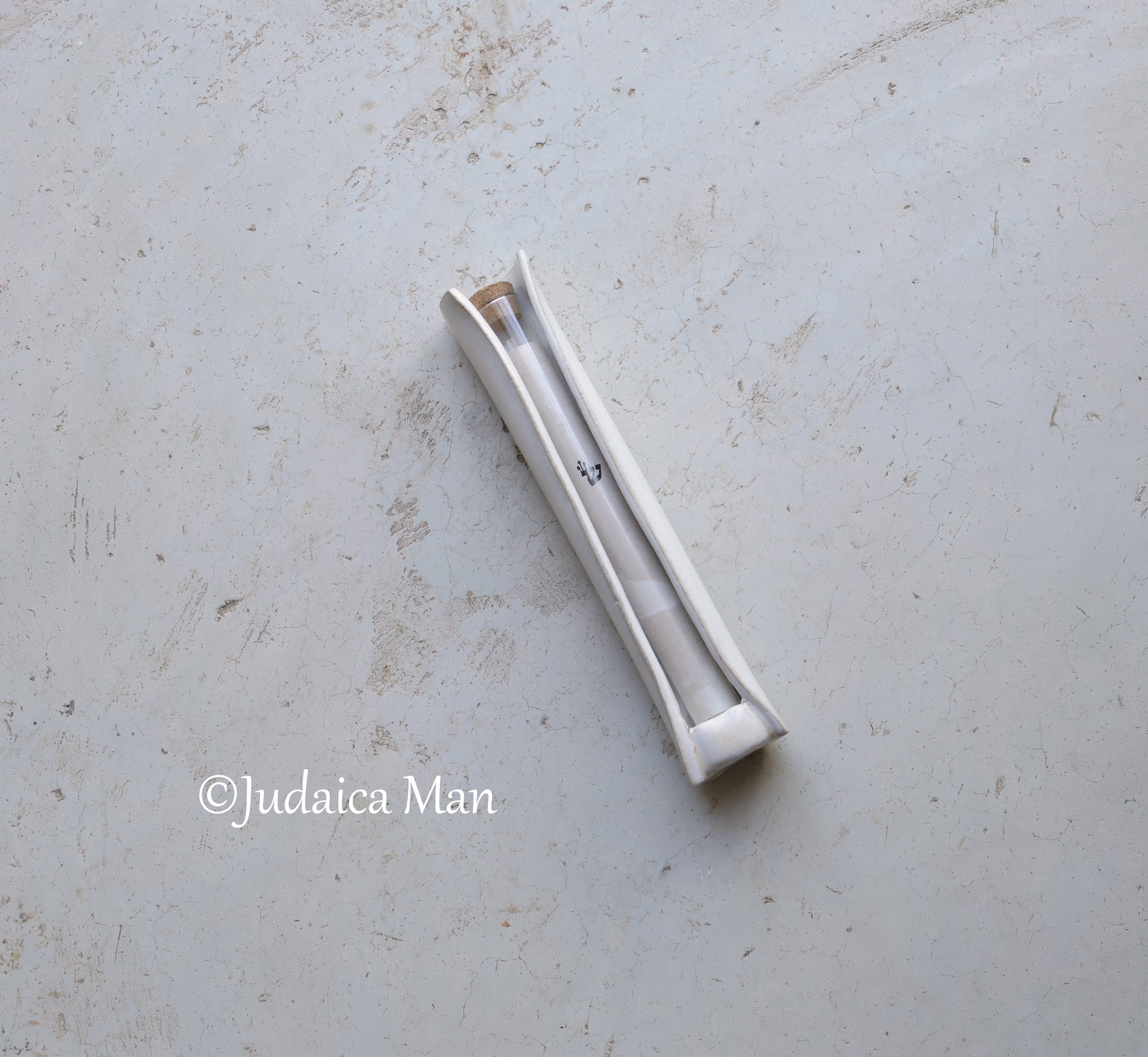Ceramic mezuzah case with glass tube white color