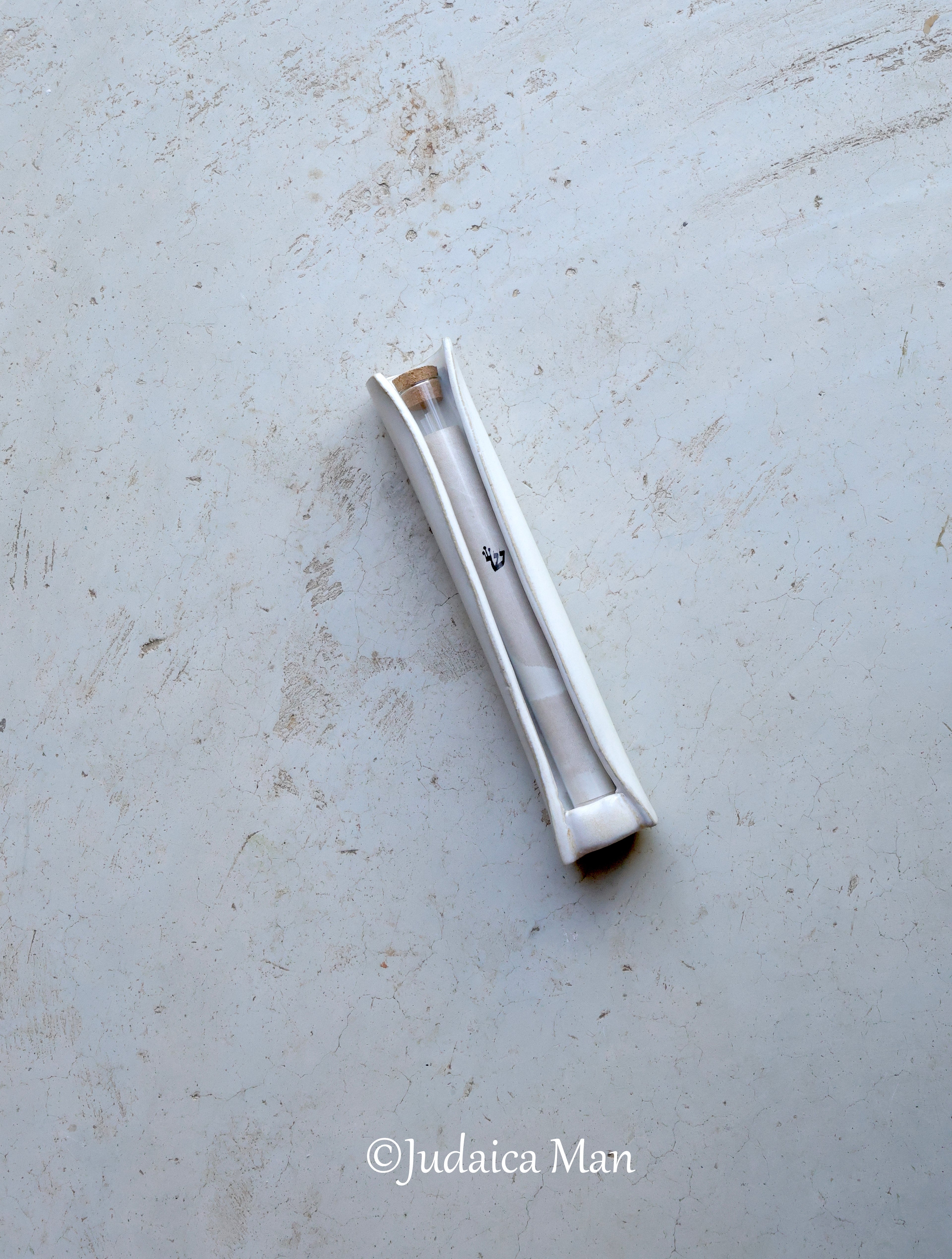 Ceramic mezuzah case with glass tube white color