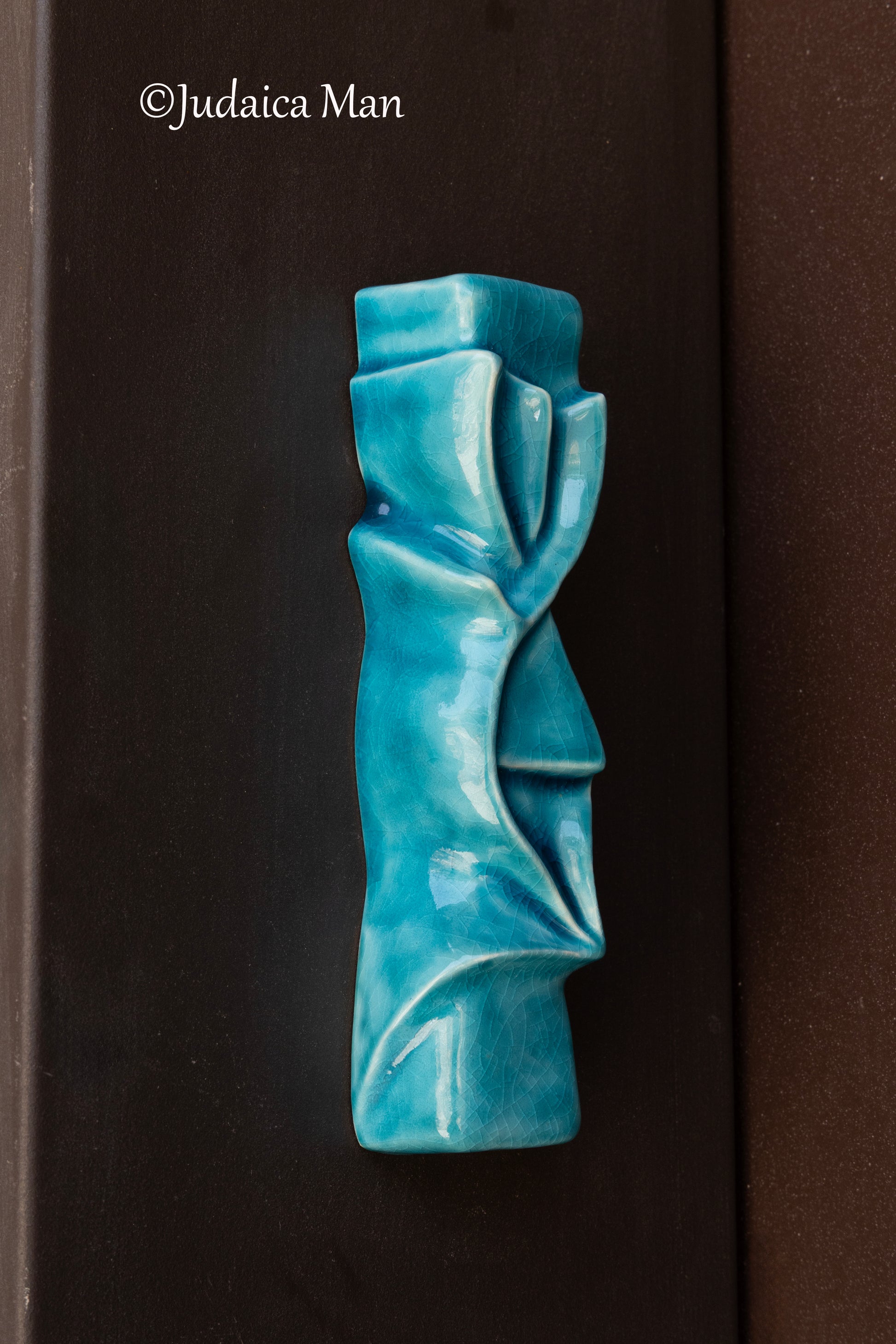 Ceramic mezuzah case "Shema" blue glass color 3 sizes
