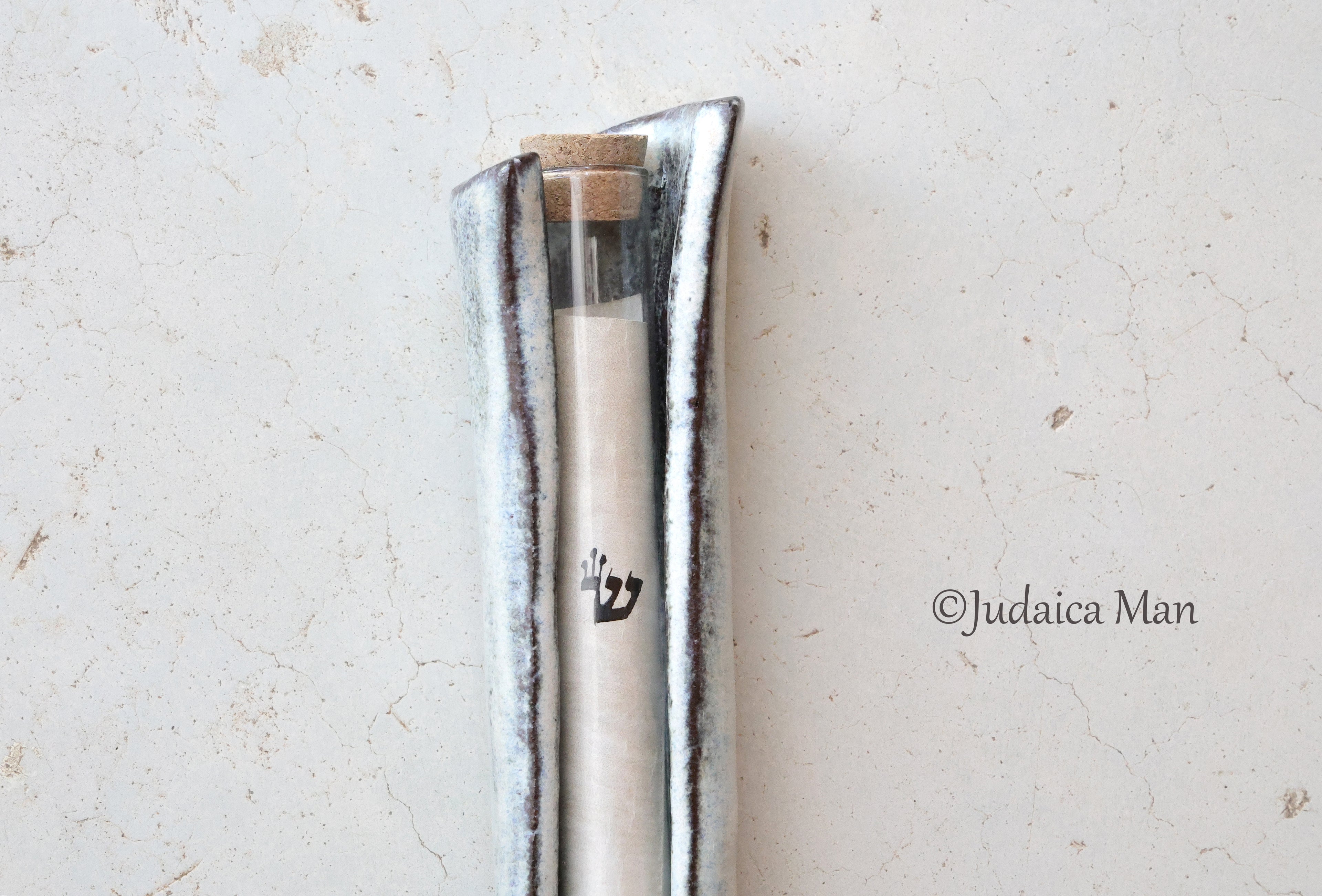 Ceramic mezuzah case with glass tube cream color