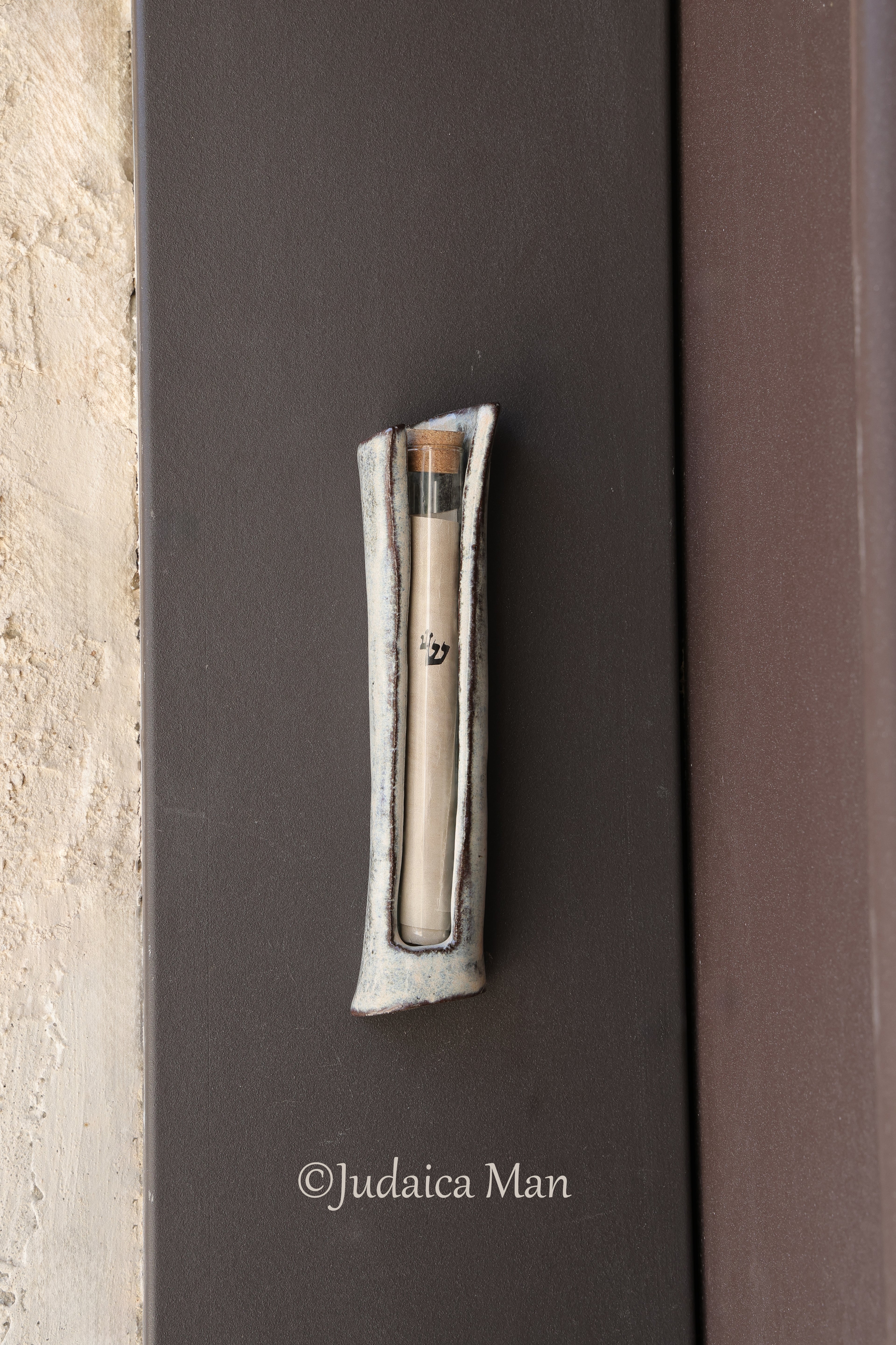 Ceramic mezuzah case with glass tube cream color