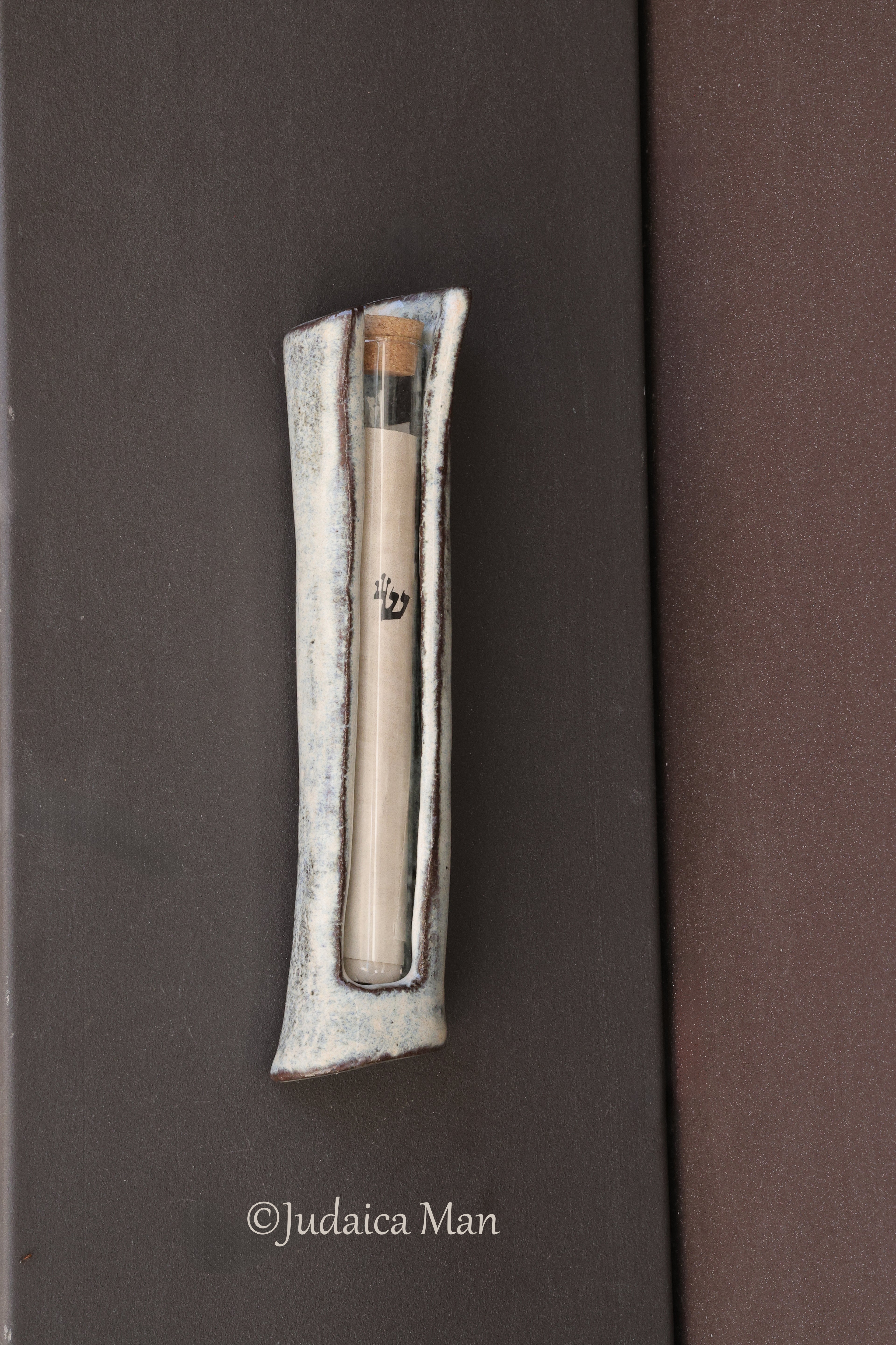 Ceramic mezuzah case with glass tube cream color