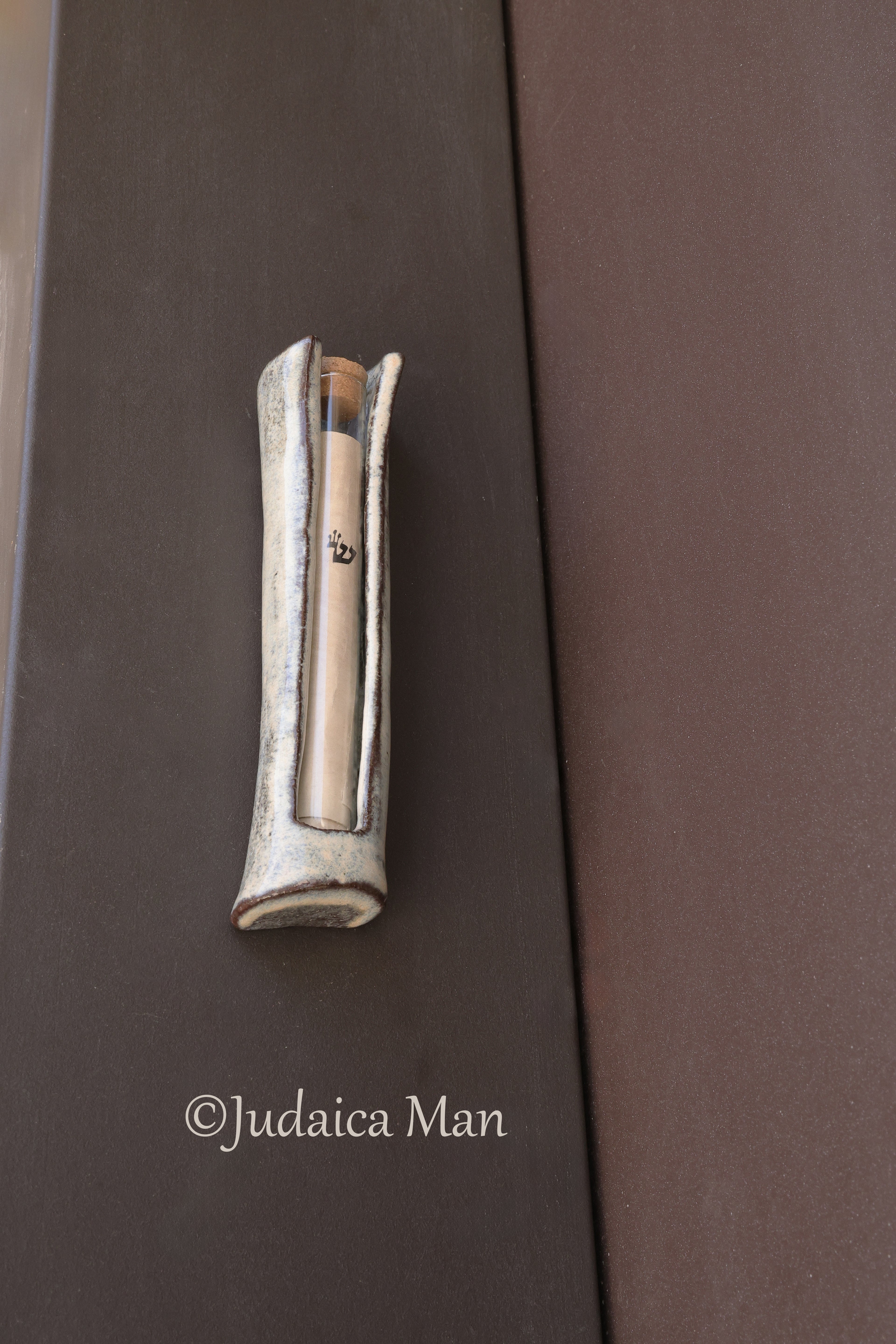 Ceramic mezuzah case with glass tube cream color