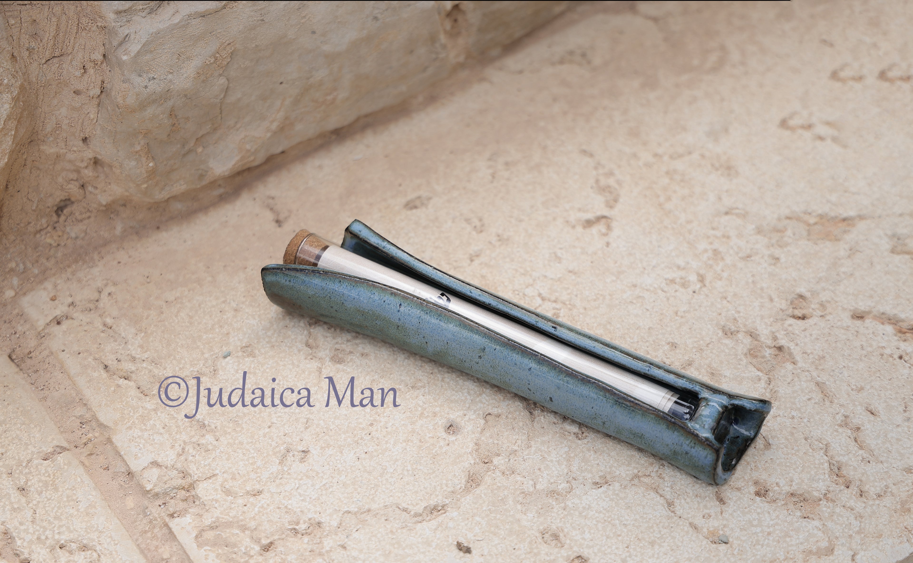 Ceramic mezuzah case with glass tube blue color