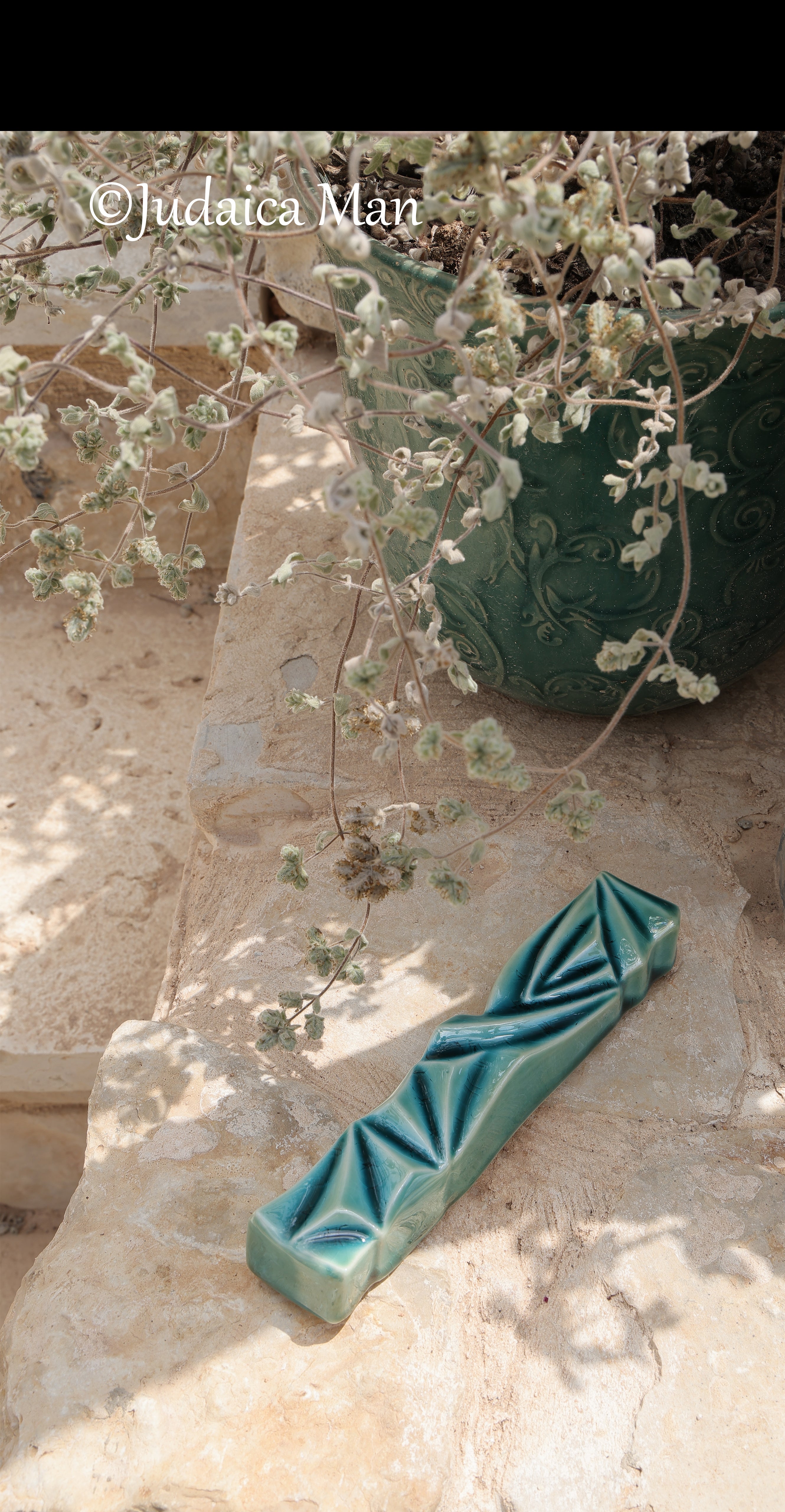 Ceramic mezuzah  "Diamond" Blue glass color