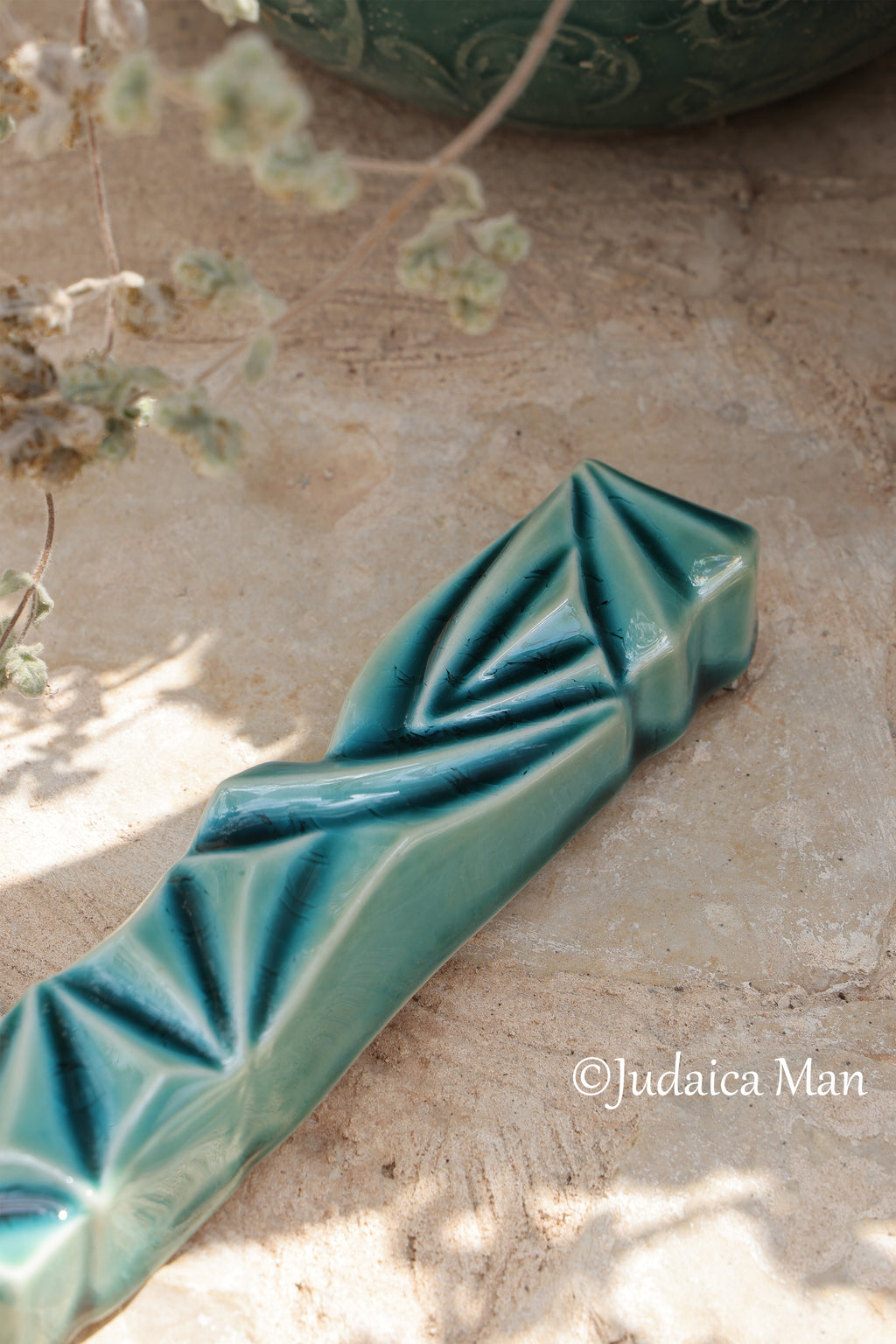 Ceramic mezuzah  "Diamond" Blue glass color