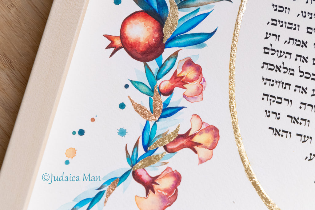 Jewish woman prayer for Shabbat candles "Pomegarnates flowers" with Gold and Copper