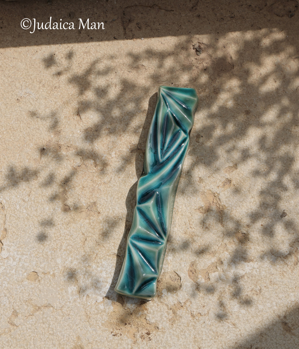 Ceramic mezuzah  "Diamond" Blue glass color