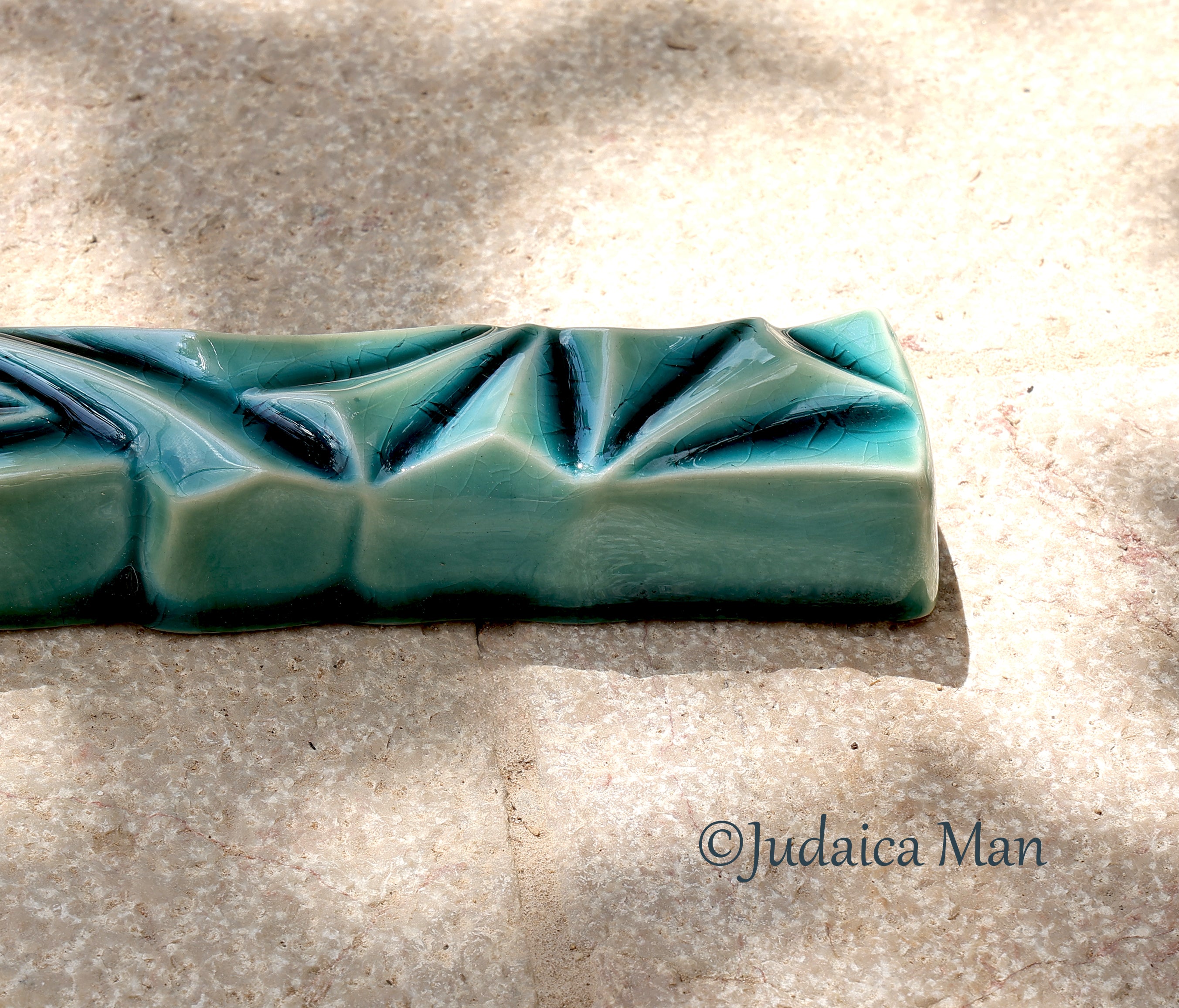 Ceramic mezuzah  "Diamond" Blue glass color