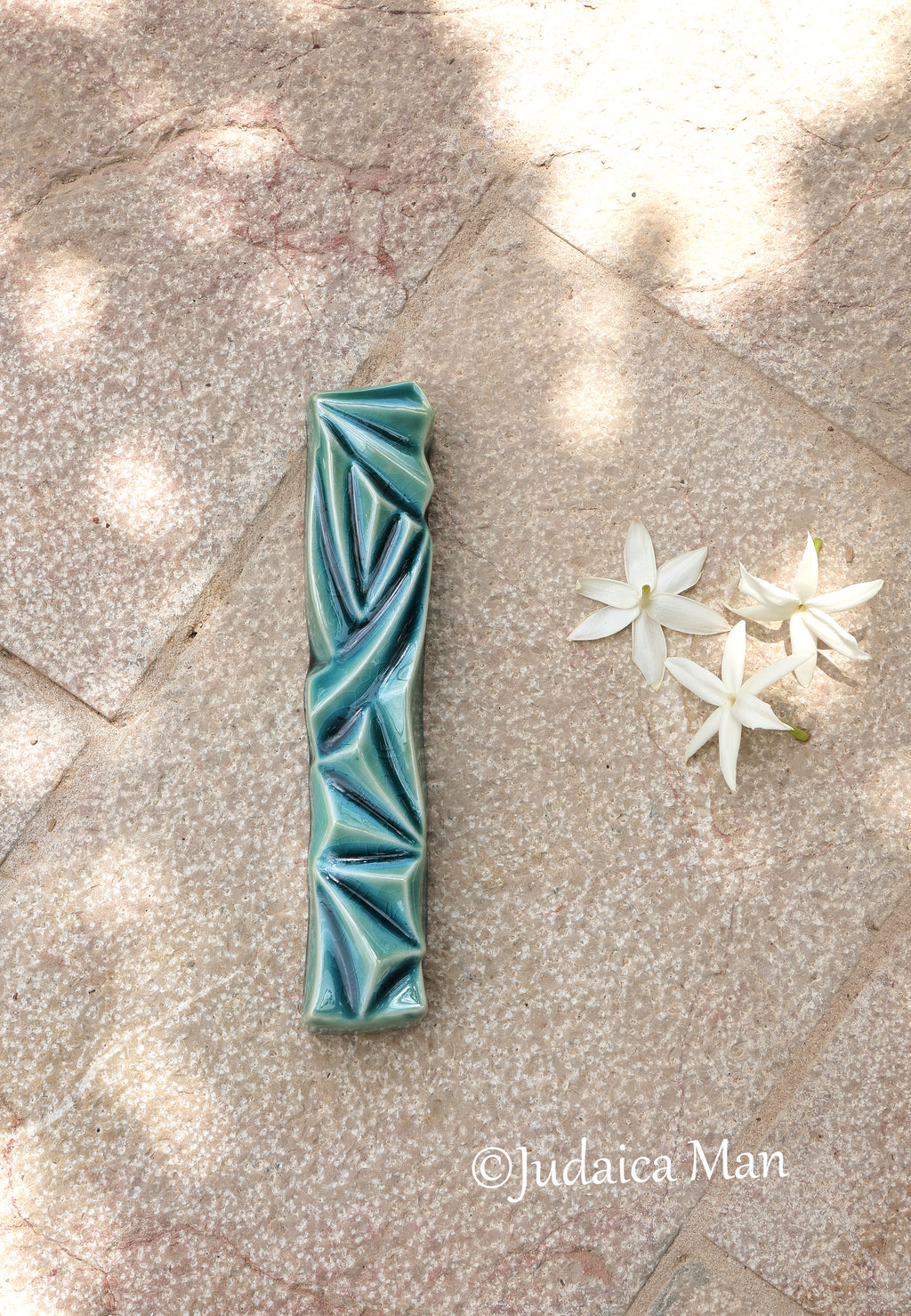 Ceramic mezuzah  "Diamond" Blue glass color