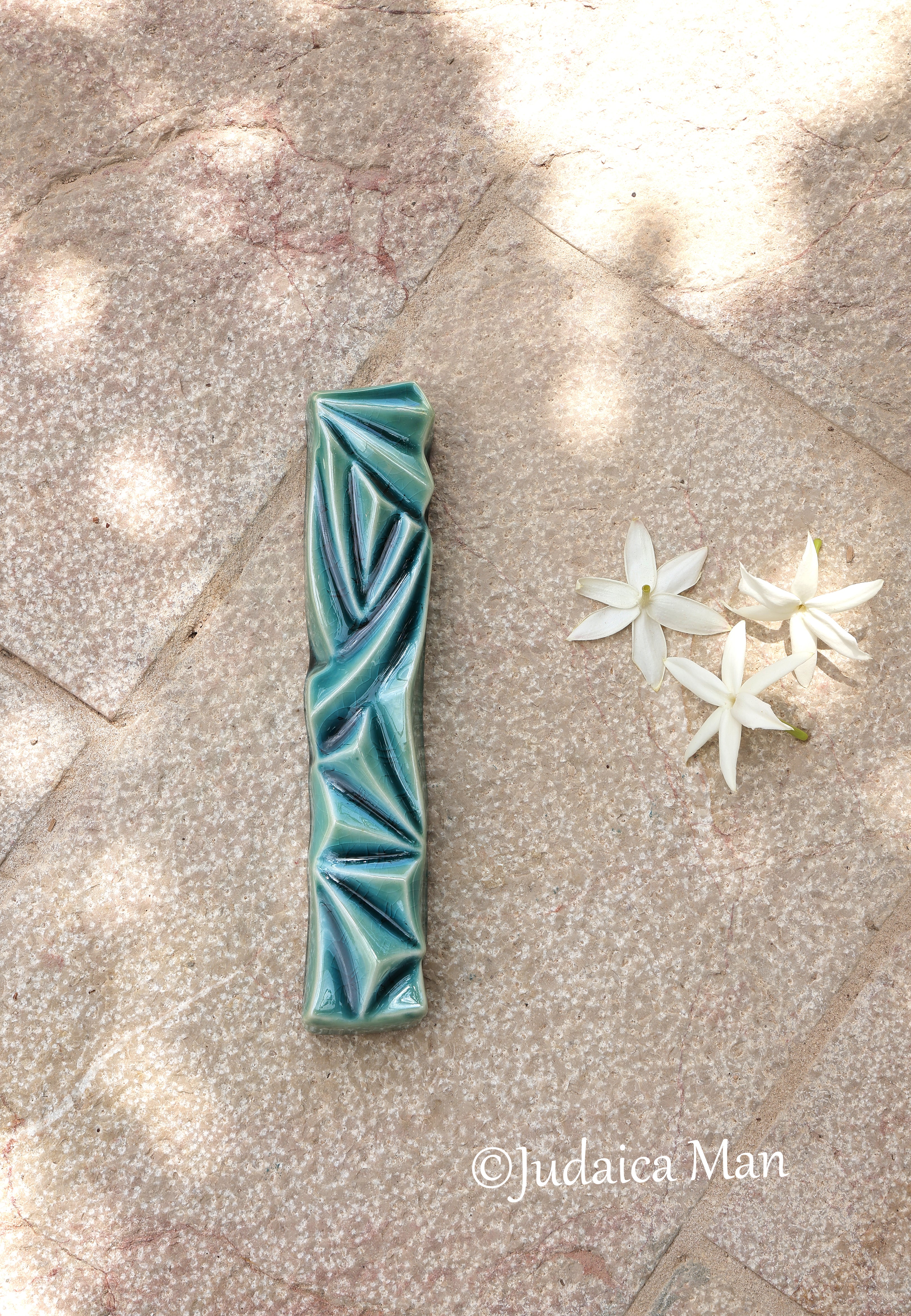 Ceramic mezuzah  "Diamond" Blue glass color