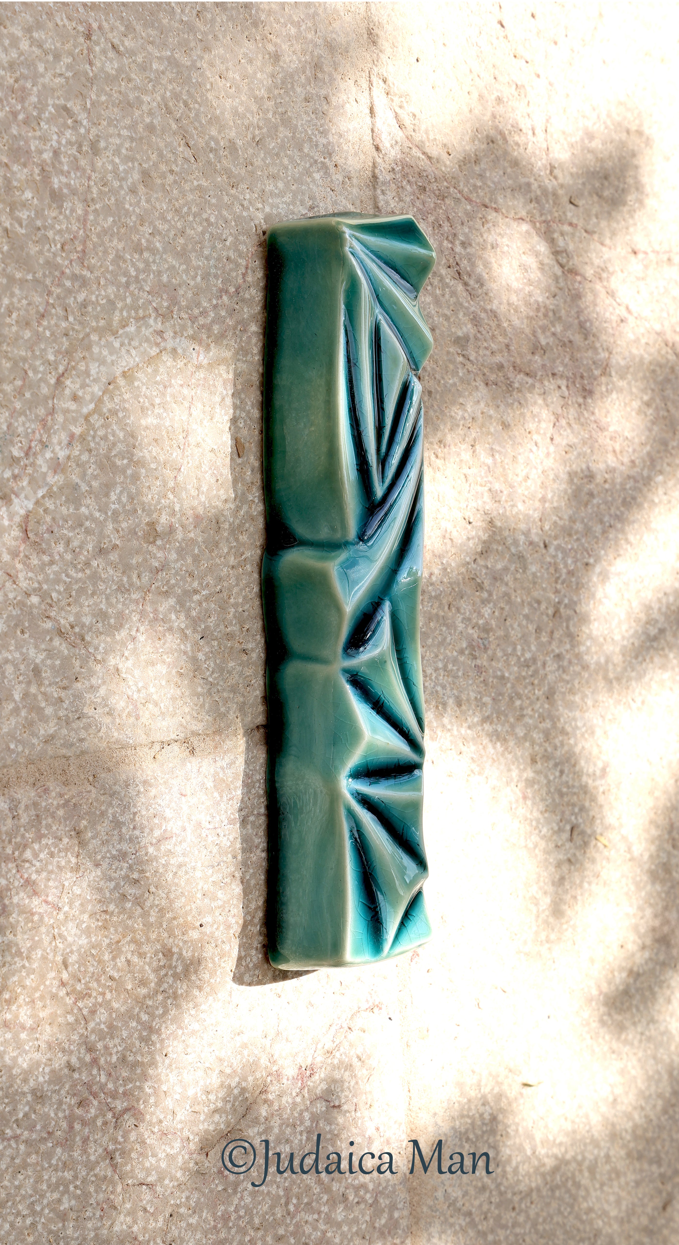 Ceramic mezuzah  "Diamond" Blue glass color