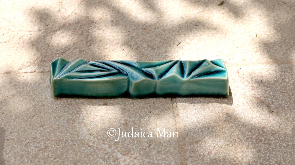 Ceramic mezuzah  "Diamond" Blue glass color