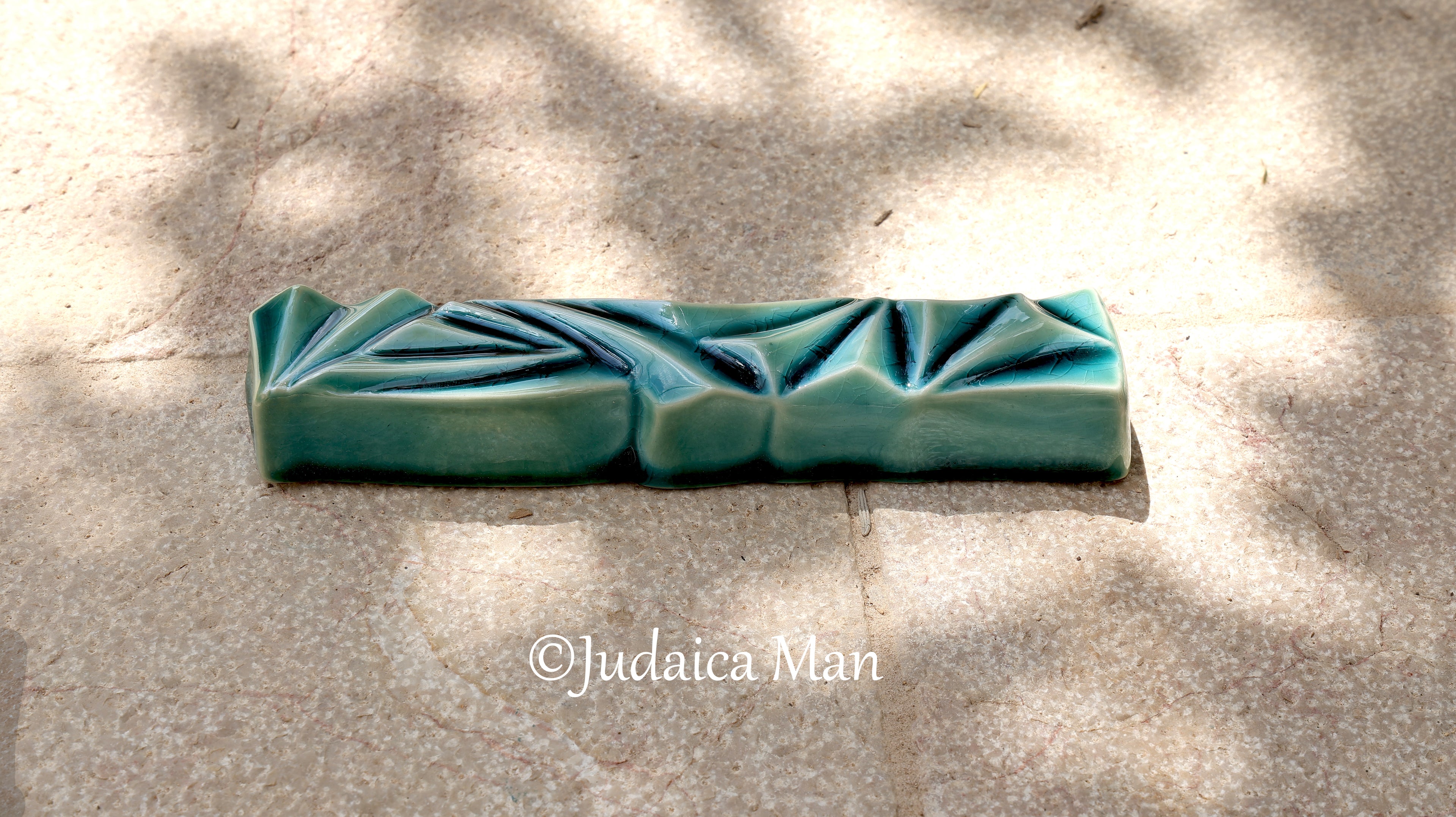Ceramic mezuzah  "Diamond" Blue glass color