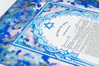 Jewish ketubah handmade for chuppah jewish wedding maroccan style with blue and white magen David colors like the Talith. Watercolor painting handmade ketubbah with sunset colors in maroccan style, unique one of a kind wedding ketubbah piece of jewish art made in israel by designer ketubbah. Illustrated blue, pink and white ketubah with sunset colors and blue and white colors around the text to remember blue colors of Am Israel.