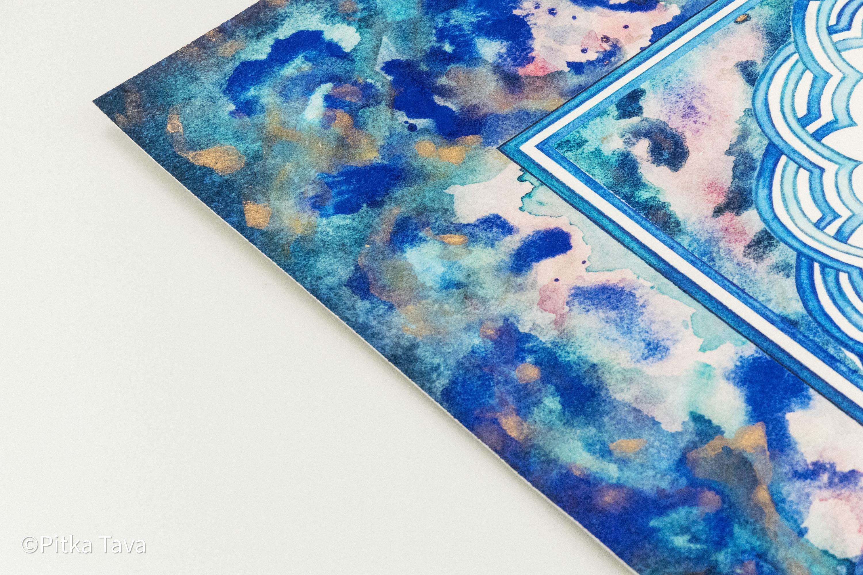 Jewish ketubah handmade for chuppah jewish wedding maroccan style with blue and white magen David colors like the Talith. Watercolor painting handmade ketubbah with sunset colors in maroccan style, unique one of a kind wedding ketubbah piece of jewish art made in israel by designer ketubbah. Illustrated blue, pink and white ketubah with sunset colors and blue and white colors around the text to remember blue colors of Am Israel.