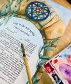 Jewish ketubah hand painted Peace in Jerusalem; with Jerusalem stones gate and magen David blue with olive tree leaves and olives around the brown gate and blue sky. Unique designed ketubbah for jewish wedding by israeli artist ketuba designer made in Israel by Pitka Tava. Illustrated ketuba with wonderful unique painting of Jerusalem to give jewish life , antique style and spirit to the text. Orthodox text wedding kosher ketubah judaica art.