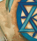 Jewish ketubah hand painted Peace in Jerusalem; with Jerusalem stones gate and magen David blue with olive tree leaves and olives around the brown gate and blue sky. Unique designed ketubbah for jewish wedding by israeli artist ketuba designer made in Israel by Pitka Tava. Illustrated ketuba with wonderful unique painting of Jerusalem to give jewish life , antique style and spirit to the text. Orthodox text wedding kosher ketubah judaica art.