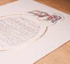 Jewish ketubah AHAVA handmade hebrew  calligraphy of the word love (ahava) on the top of the ketubah (jewish contract) in red, pink and green. Unique piece of art judaica for jewish wedding marriage. Modern ketuabh handmade and printed on acid free paper with giclee  printing. Unique art ketubah hand painted and design especially for jewish wedding chuppah ceremony by israeli artist family with the jewish wedding tradition. Unique piece one of a kind judaica art wedding with optionof gold leaf.