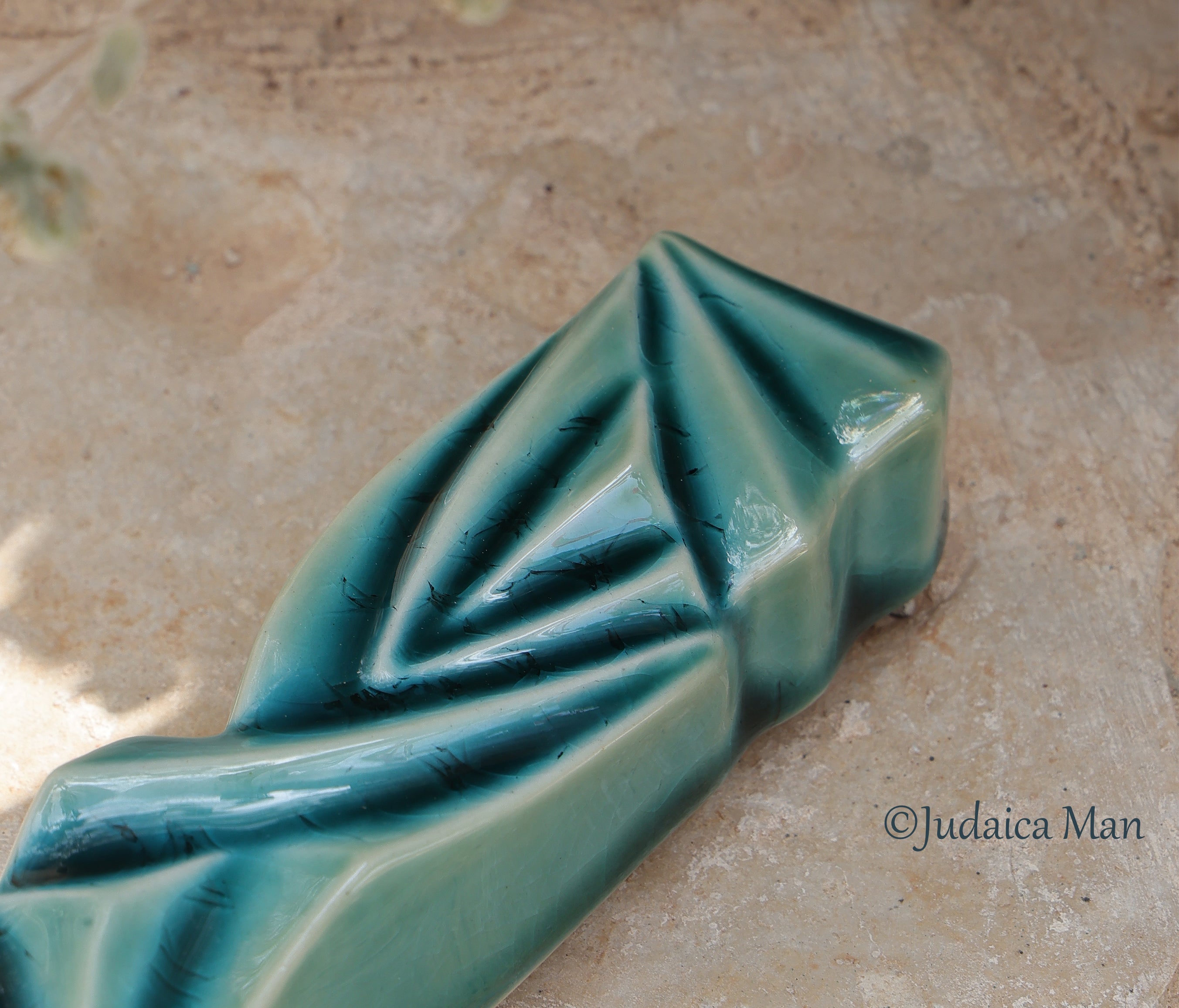 Ceramic mezuzah  "Diamond" Blue glass color